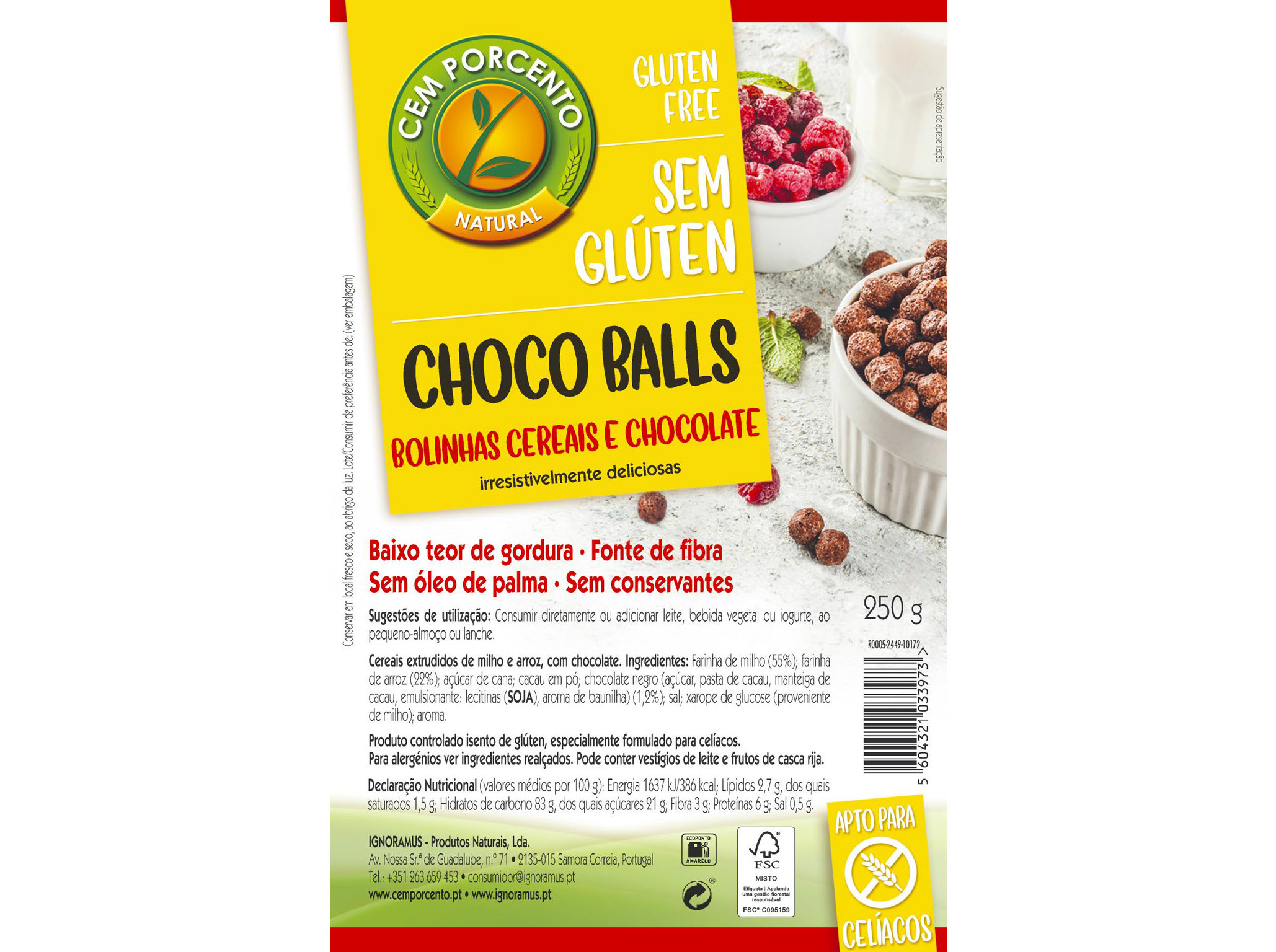 CEREAIS CEM PORCENTO CHOCO BALLS SEM GLÚTEN 250G