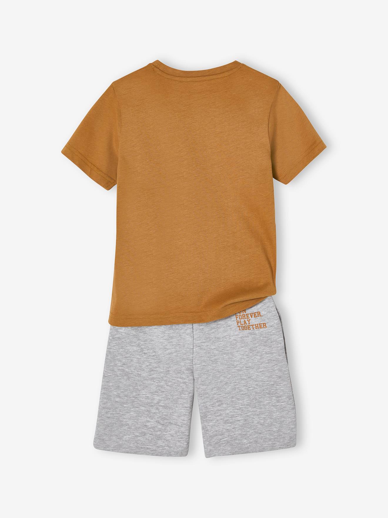 Conjunto de agasalho infantil: camiseta + shorts de moletom cor noz-pecã