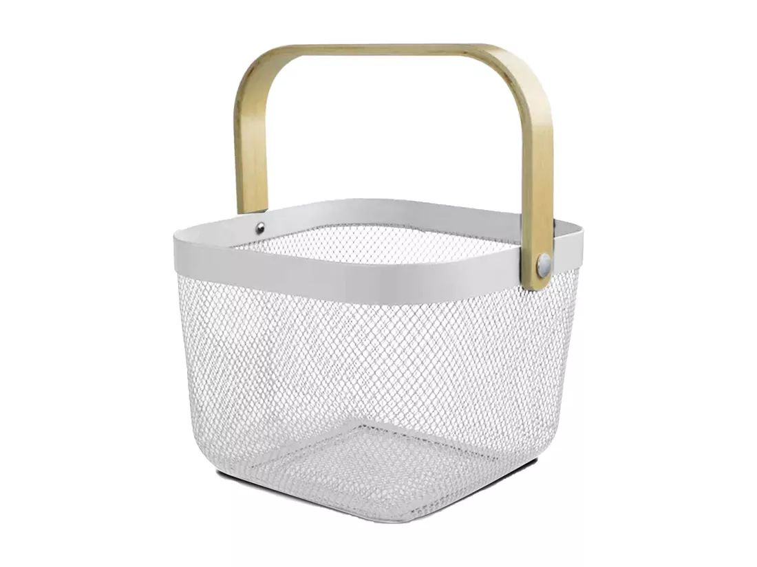 Lot de 6 panier de rangement, corbeille carrée avec anse, panier à mailles métalliques, panier à ustensiles coloris blanc - Longueur 24.5 x Profondeur 24.5 x Hauteur 17.5 cm