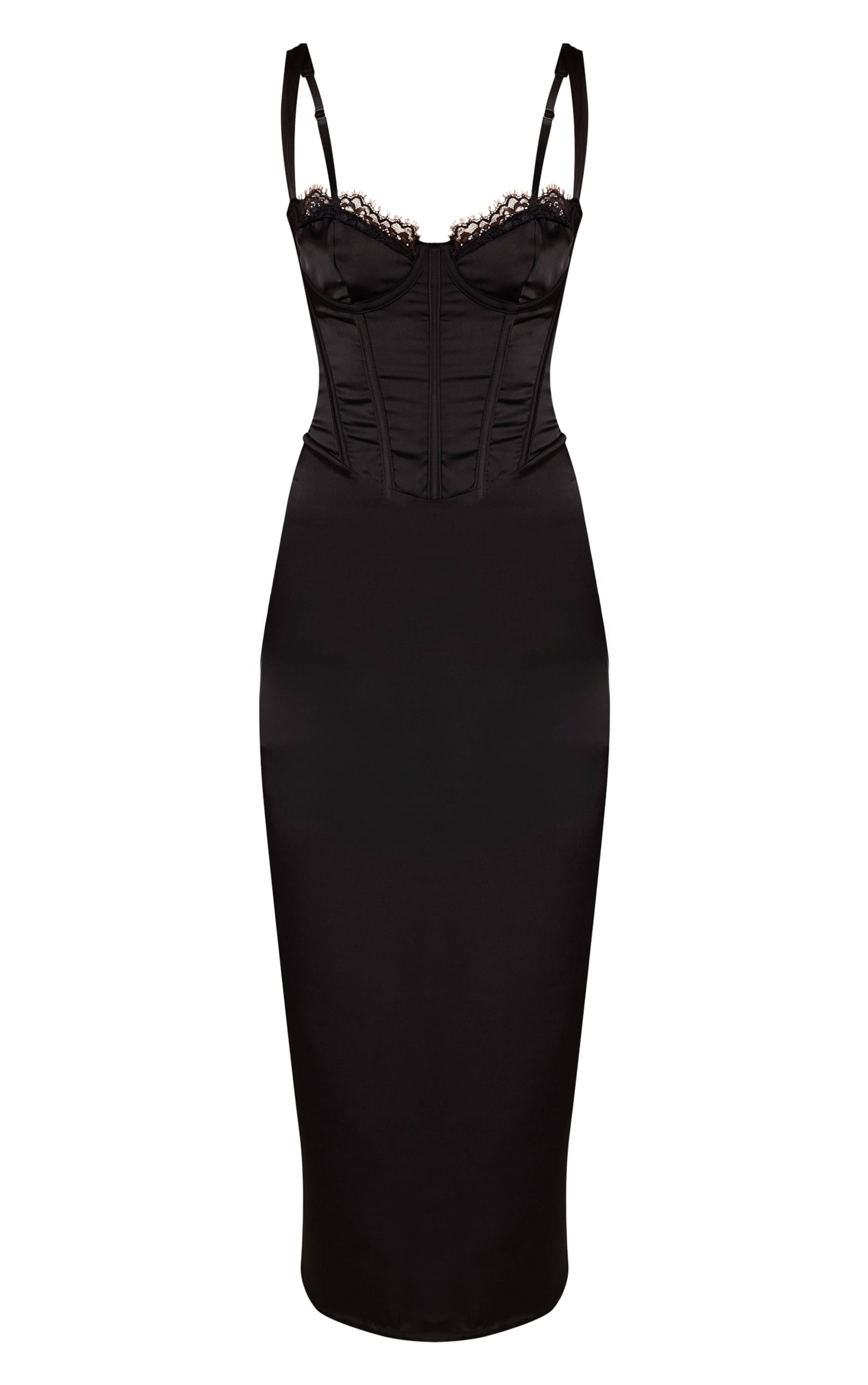 Noir Robe Midi En Satin Avec Détail De Bonnets En Dentelle