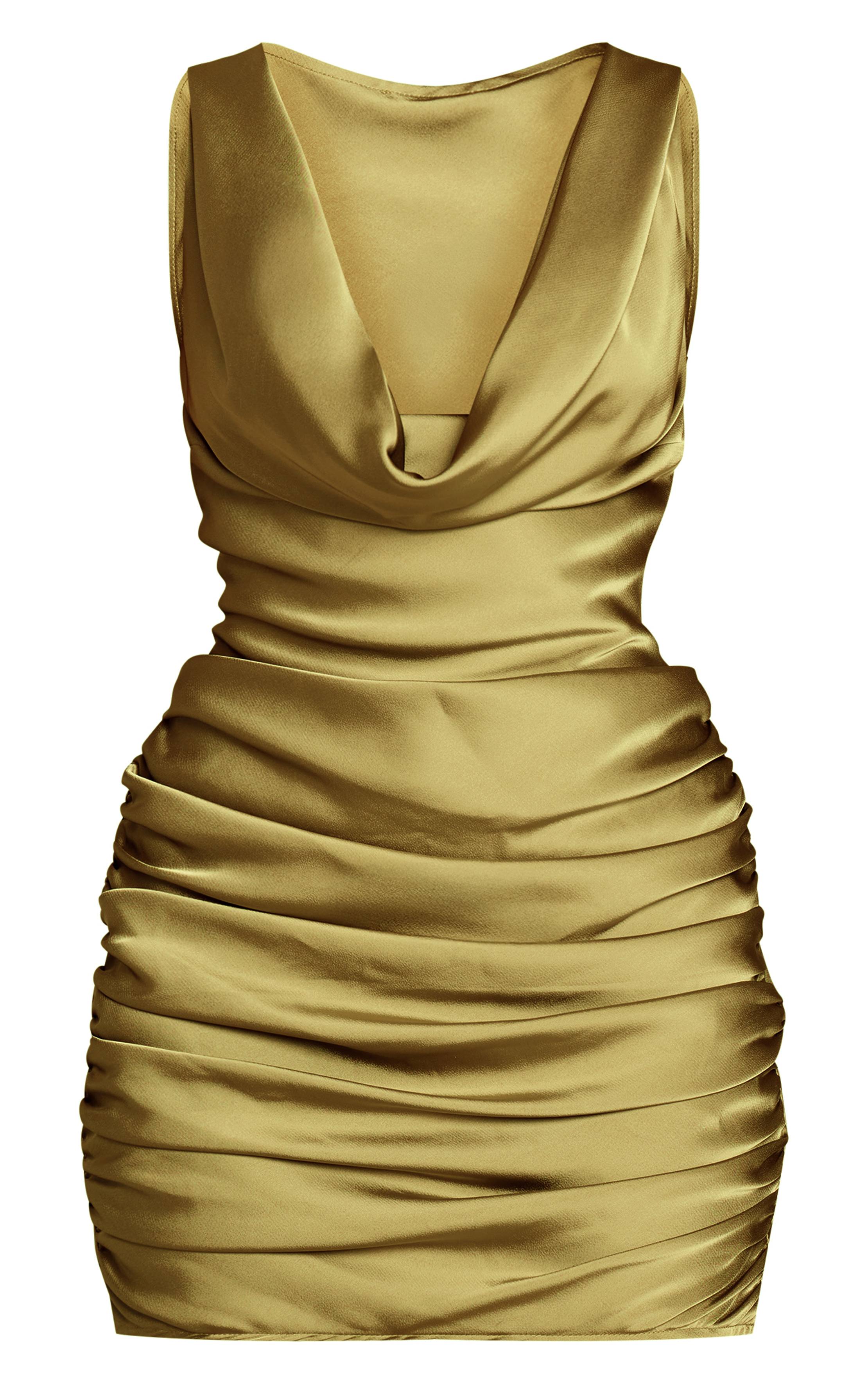 Chartreuse Robe Mini Drapée En Satin Avec Col Bénitier