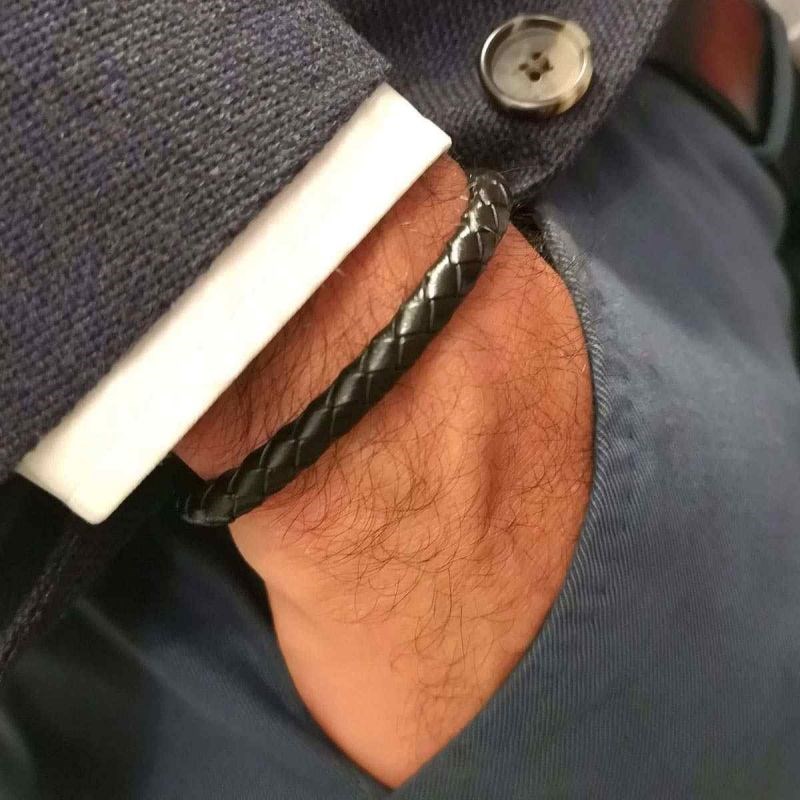 Bracelet Jonc Homme acier et cuir noir 