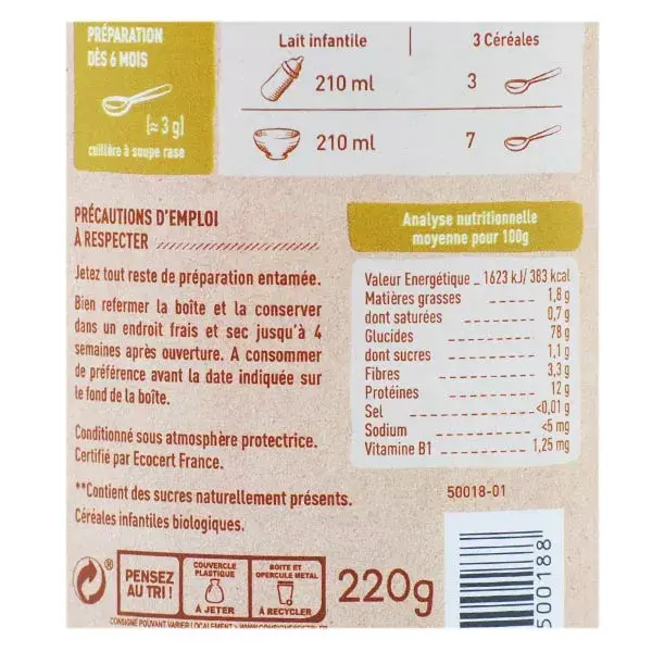 Babybio 5 Grãos Arroz Integral, Trigo, Aveia, Centeio, Quinoa +6 meses Orgânico 220g