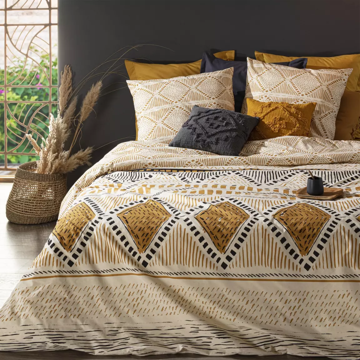 Housse de couette et deux taies coton (240 x 220 cm) Ray kilim Jaune ocre