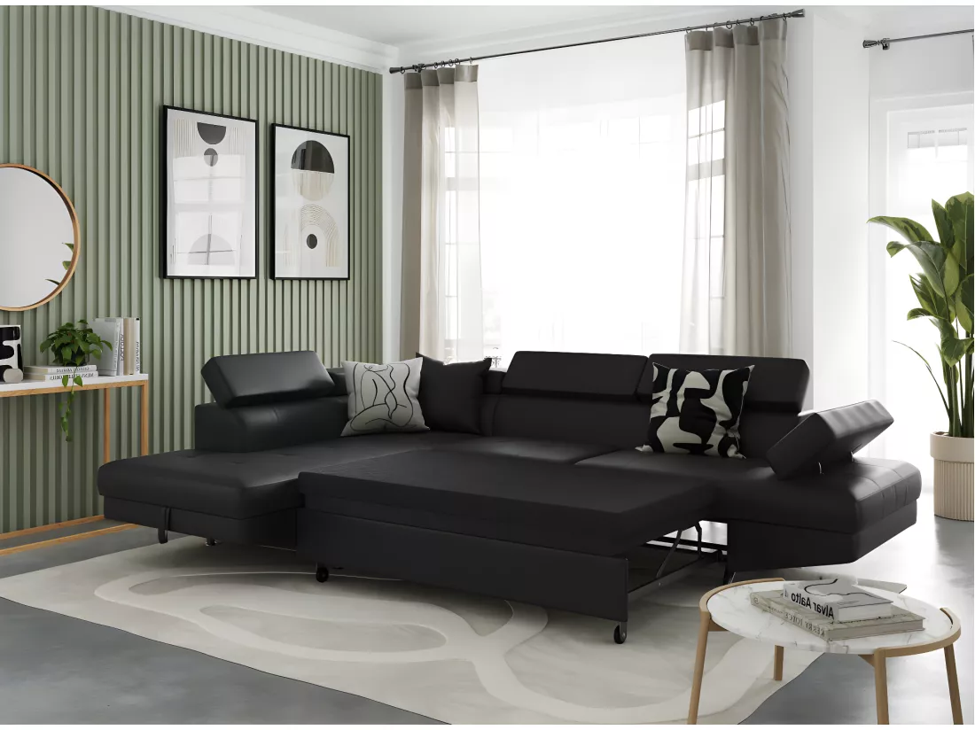 Canapé d'angle gauche 5 places Rio Convertible avec coffre en simili - Noir - L271 x P192 x H70cm - Loungitude