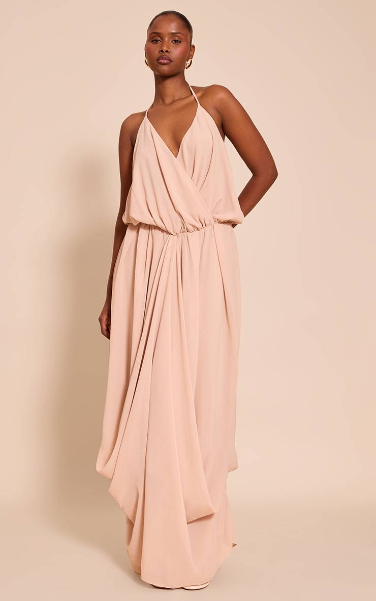 Beige Robe Longue En Mousseline Col V