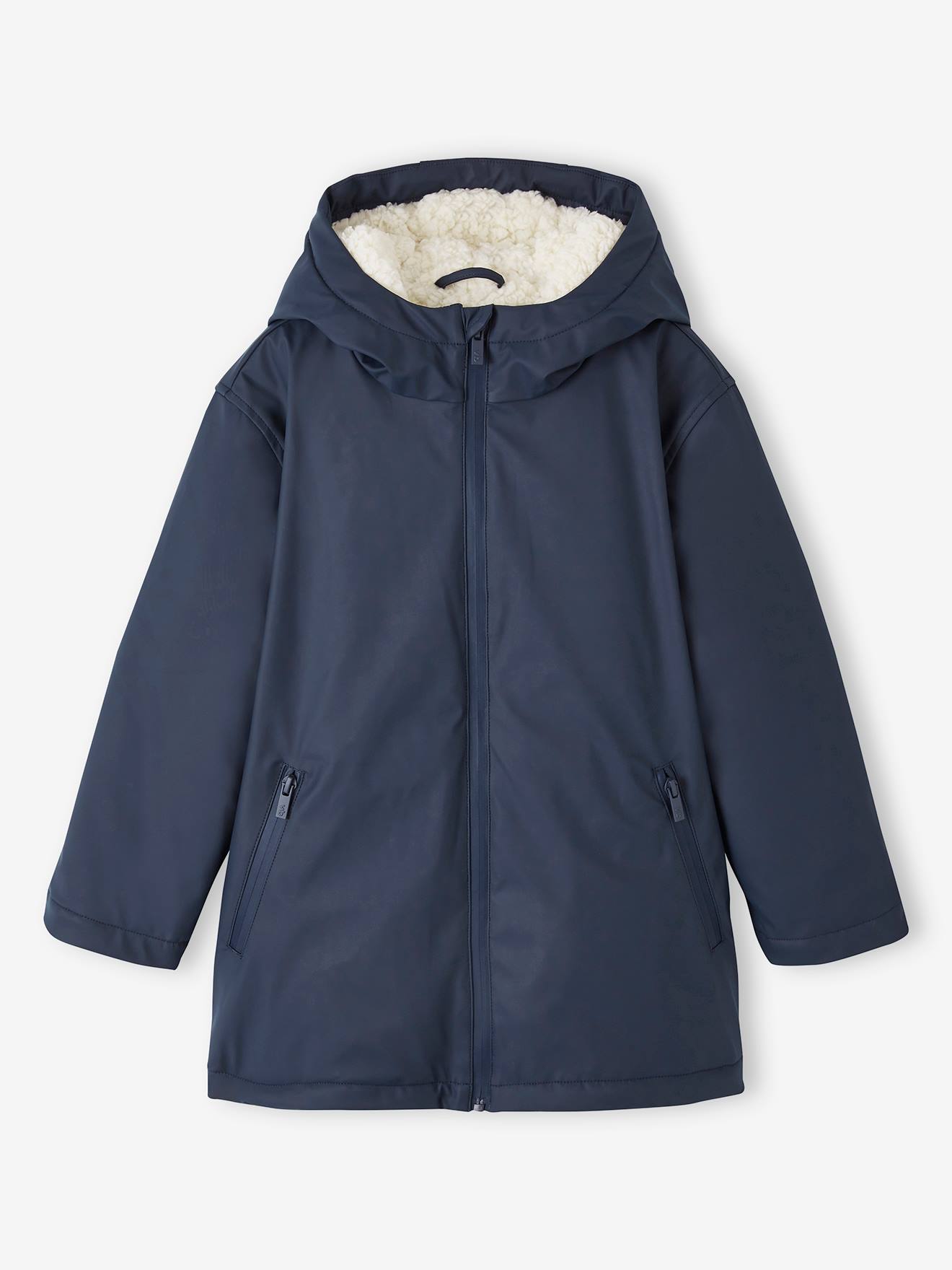 Capa de chuva azul-escura com capuz e forro de sherpa para meninos