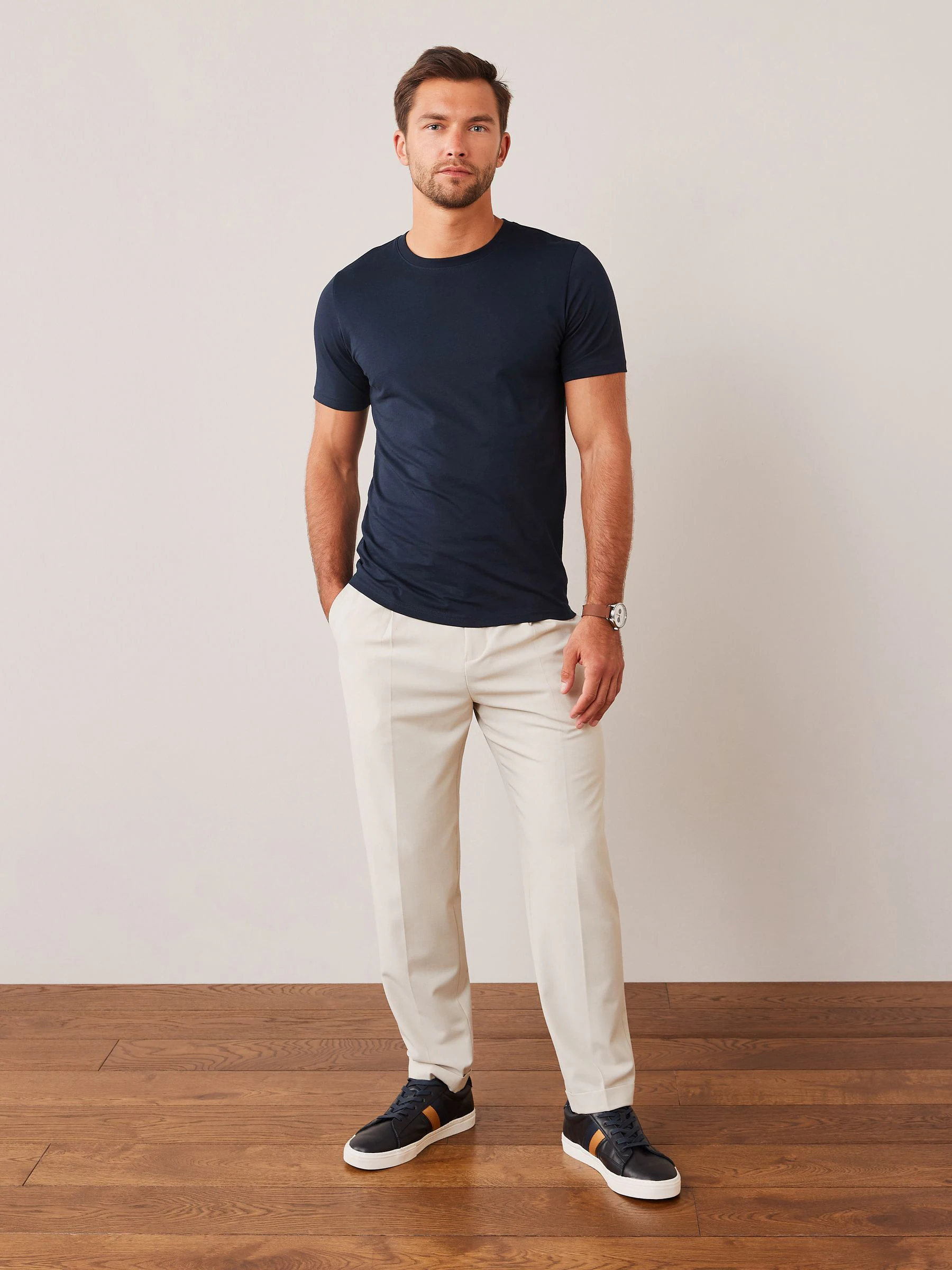 Marineblauw - Slim Fit - Essentieel katoenen T-shirt met ronde hals