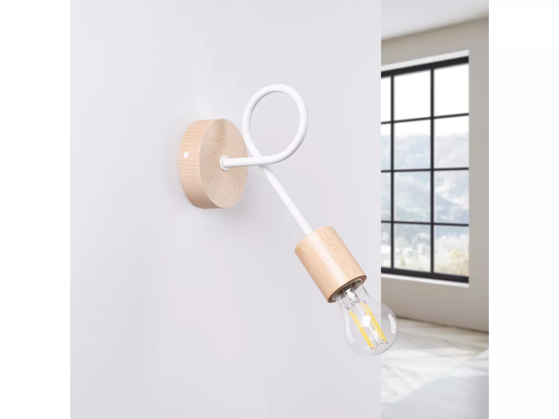 Applique Ember minimaliste en acier/bois - 1 sources lumineuses - L.10 x H.24 cm - blanc/bois naturel