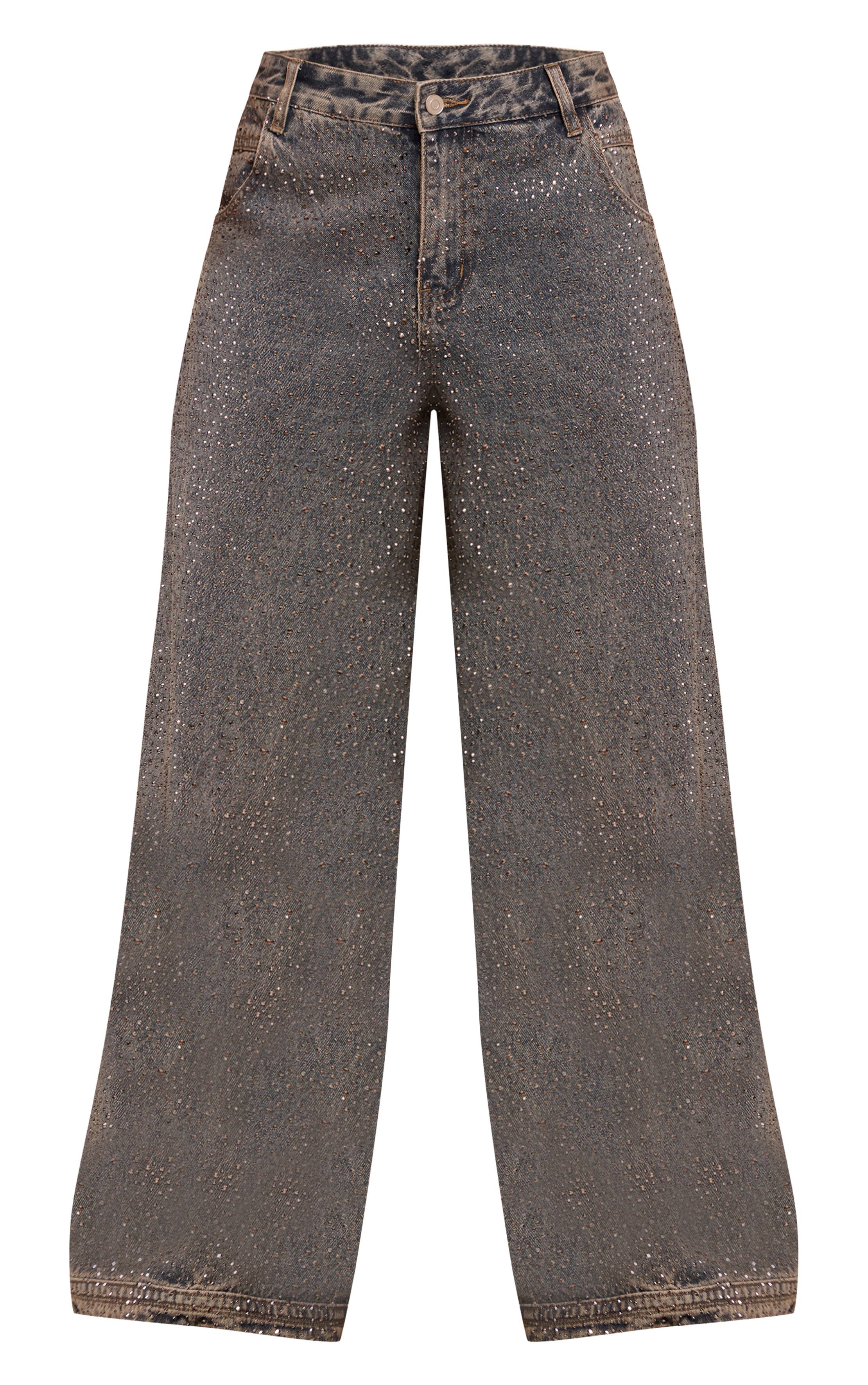 Vintage Jean Denim Jambe Large Taille Basse Décontracté Avec Strass