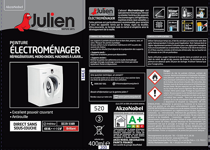 Peinture aérosol de rénovation électroménager Julien brillant blanc email 400ml