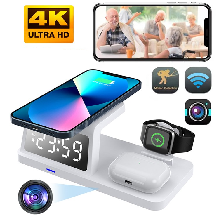 (15W) Smarte 3-in-1 iPhone / Apple Watch und AirPods Ladestation mit unsichtbarer 1080p Überwachungskamera   Micro SD Kartenslot - Weiss