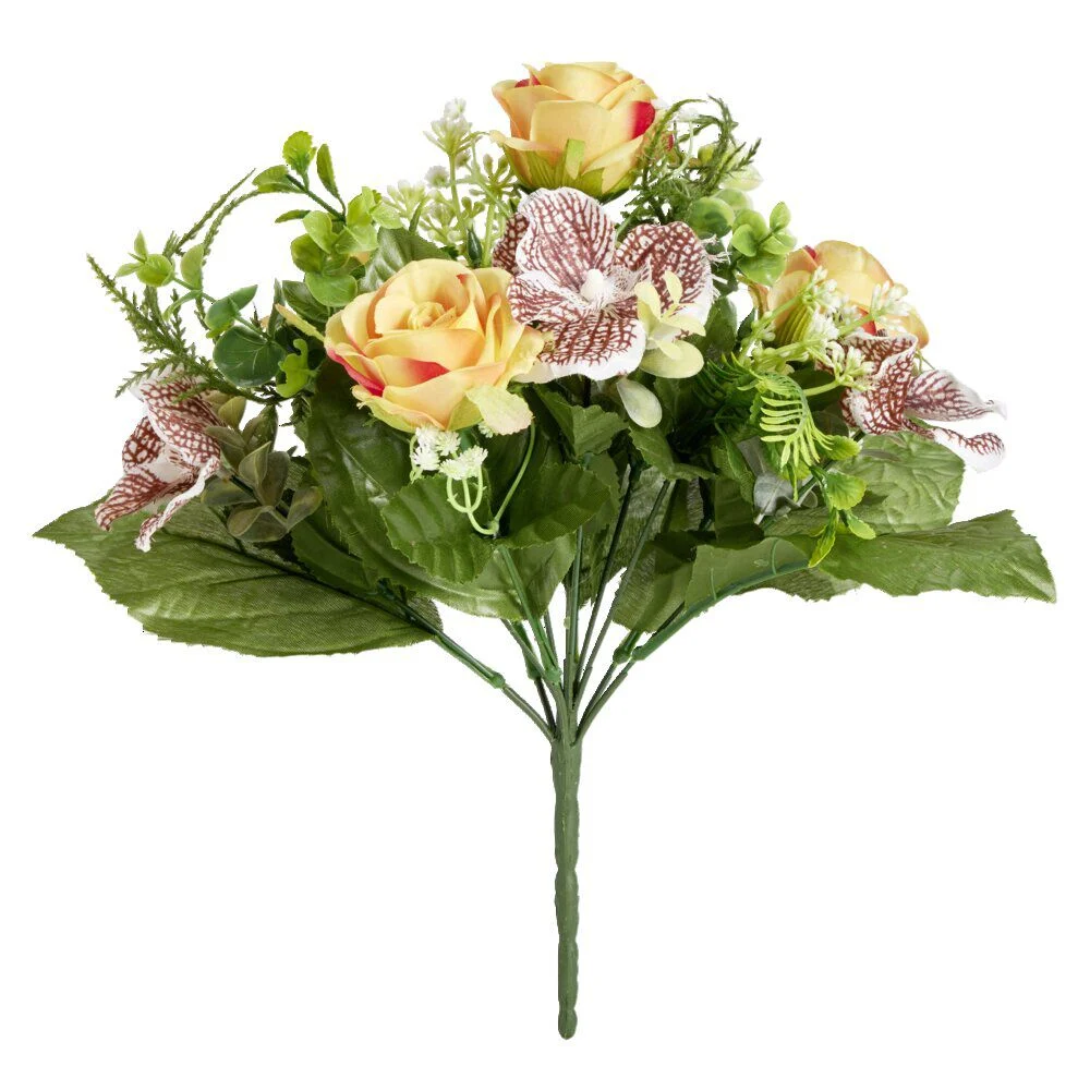Bouquet fleurs artificielles orchidées et roses orange 4 têtes H33cm
