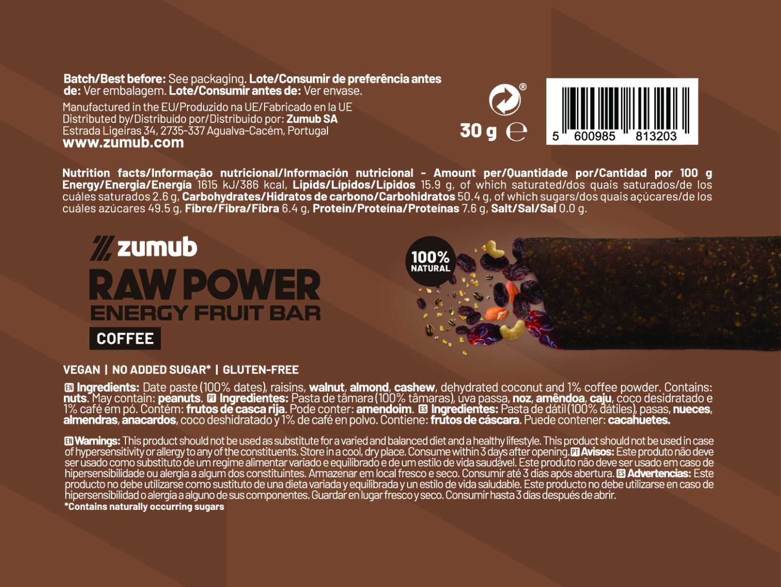 Barra de Energia de Frutas Zumub Raw Power 30g Café