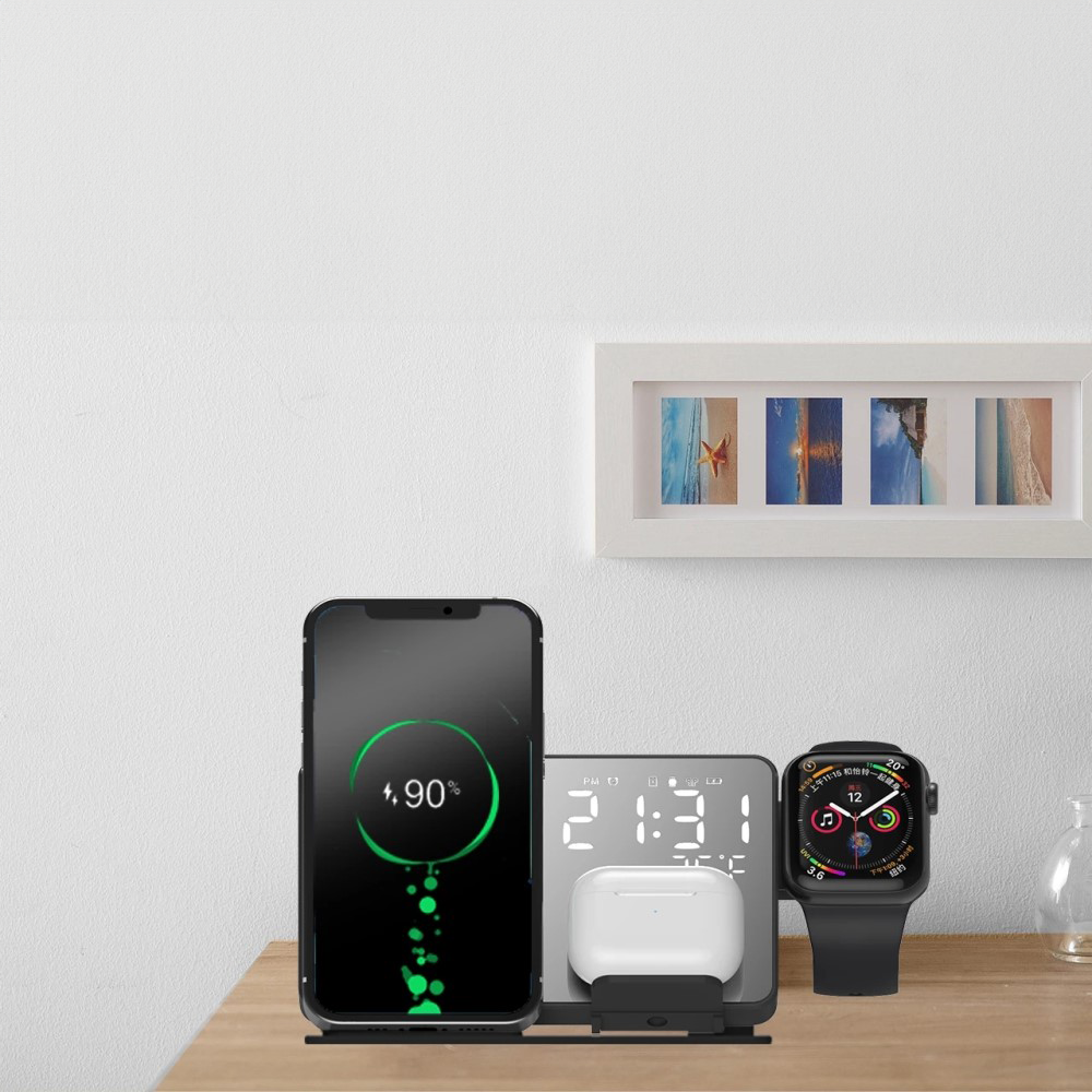 (15W) 4in1 Ladegerät Qi Wireless Charger für Smartphones / Apple Airpods / Apple Watch Ladestation mit Wecker und Temparaturanzeige - Schwarz