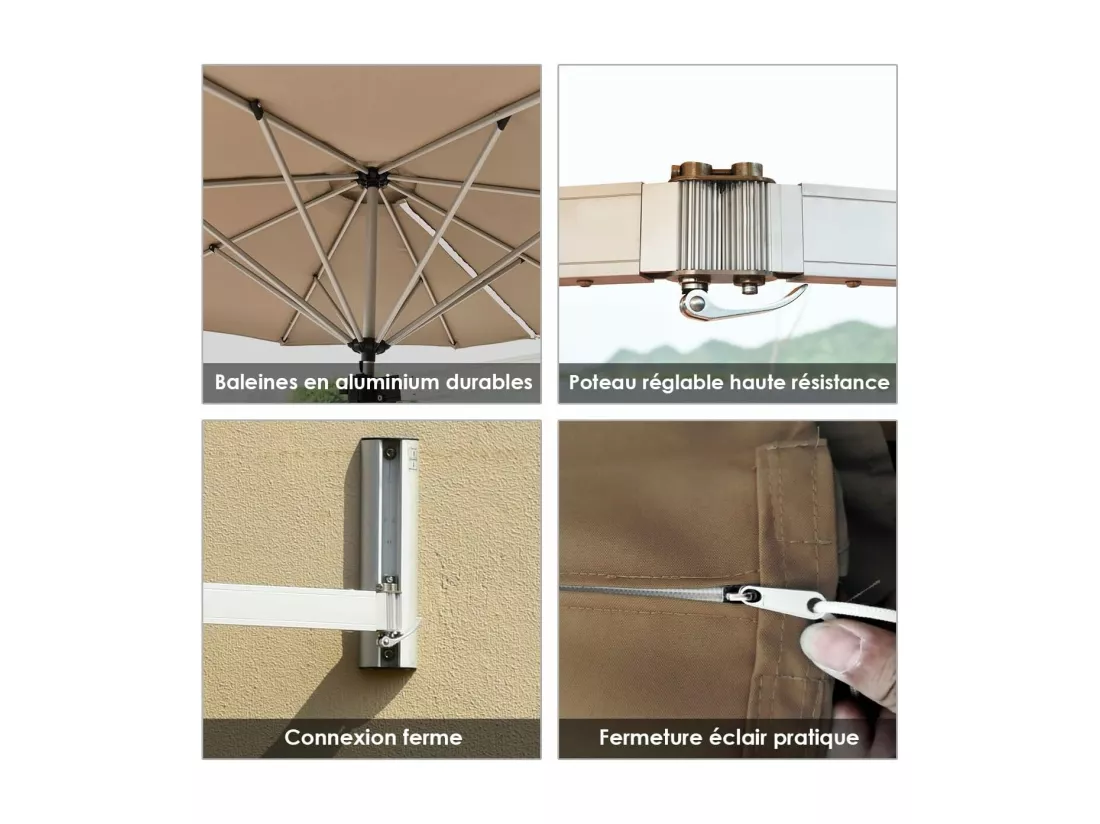 Parasol Mural en Aluminium Ø 250 CM, Parasol en Porte-à-Faux de Balcon avec Mât Réglable, Parasol Inclinable avec Tissu anti-UV et Évent, pour Terrasse, Jardin, Café (Brun)