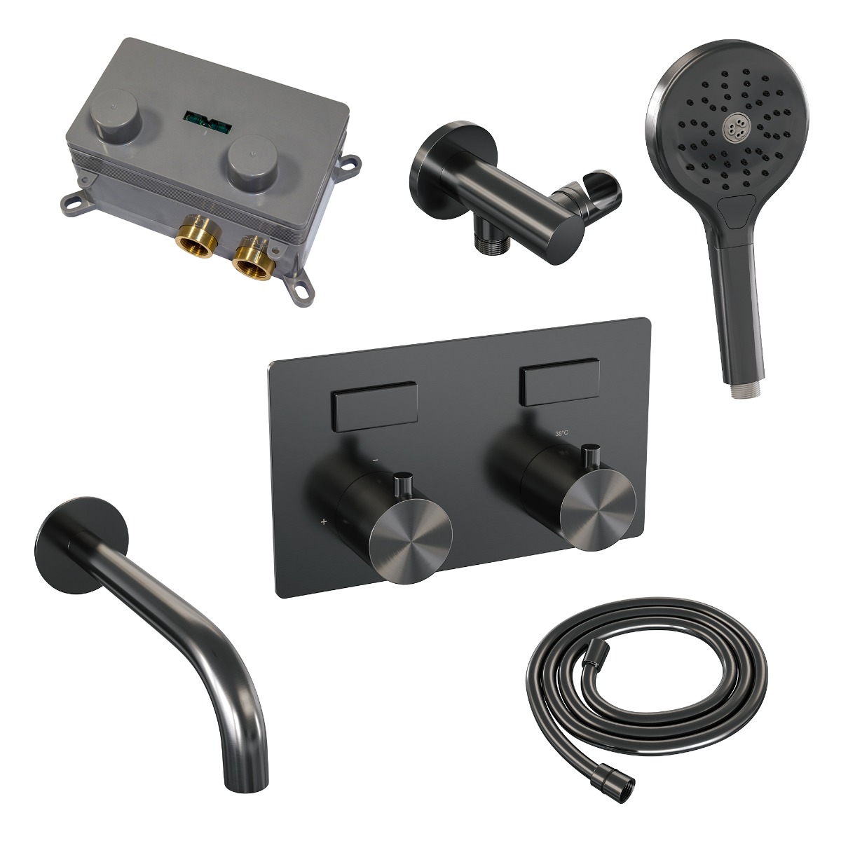 Brauer Gunmetal Edition thermostatische inbouw badkraan met uitloop en 3 standen handdouche set 4 gunmetal geborsteld PVD