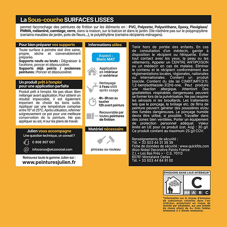 Sous-couche surfaces lisses ou difficiles, carrelage, verre, PVC Julien mat blanc 0,5 L