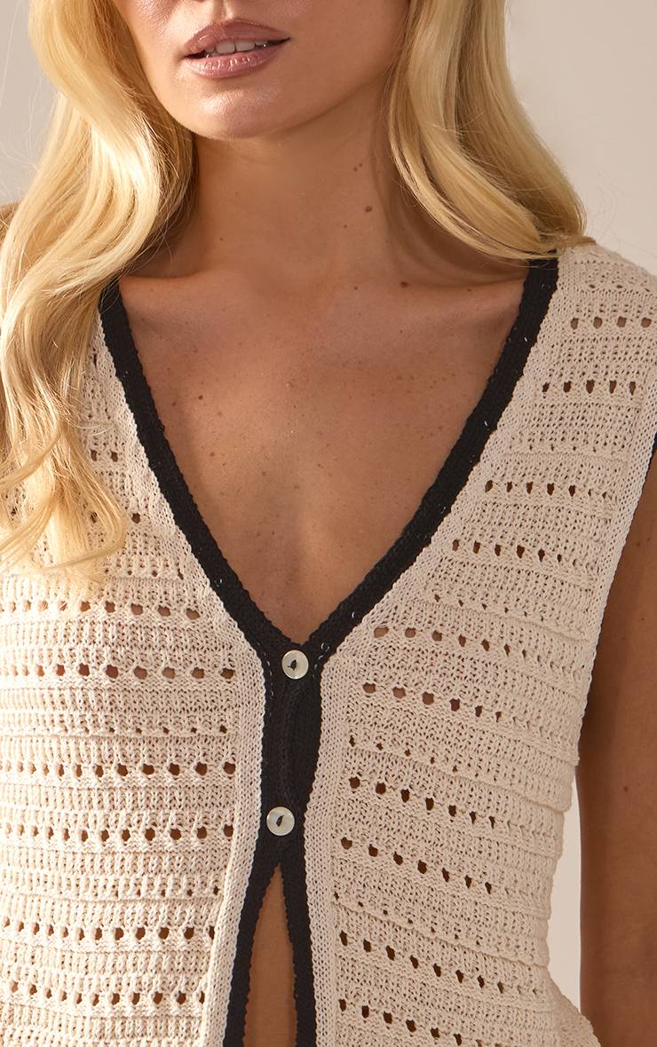 Crème Gilet Sans Manches En Tricot Crochet Avec Passepoil Contrastant