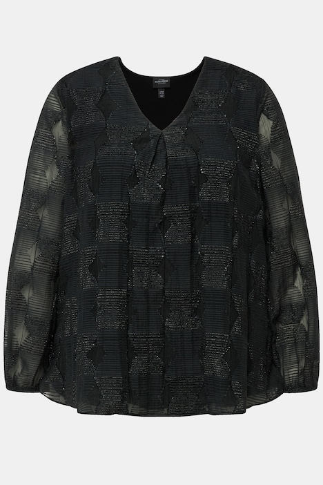 Bluse, doppellagig, V-Ausschnitt, transparenter Langarm