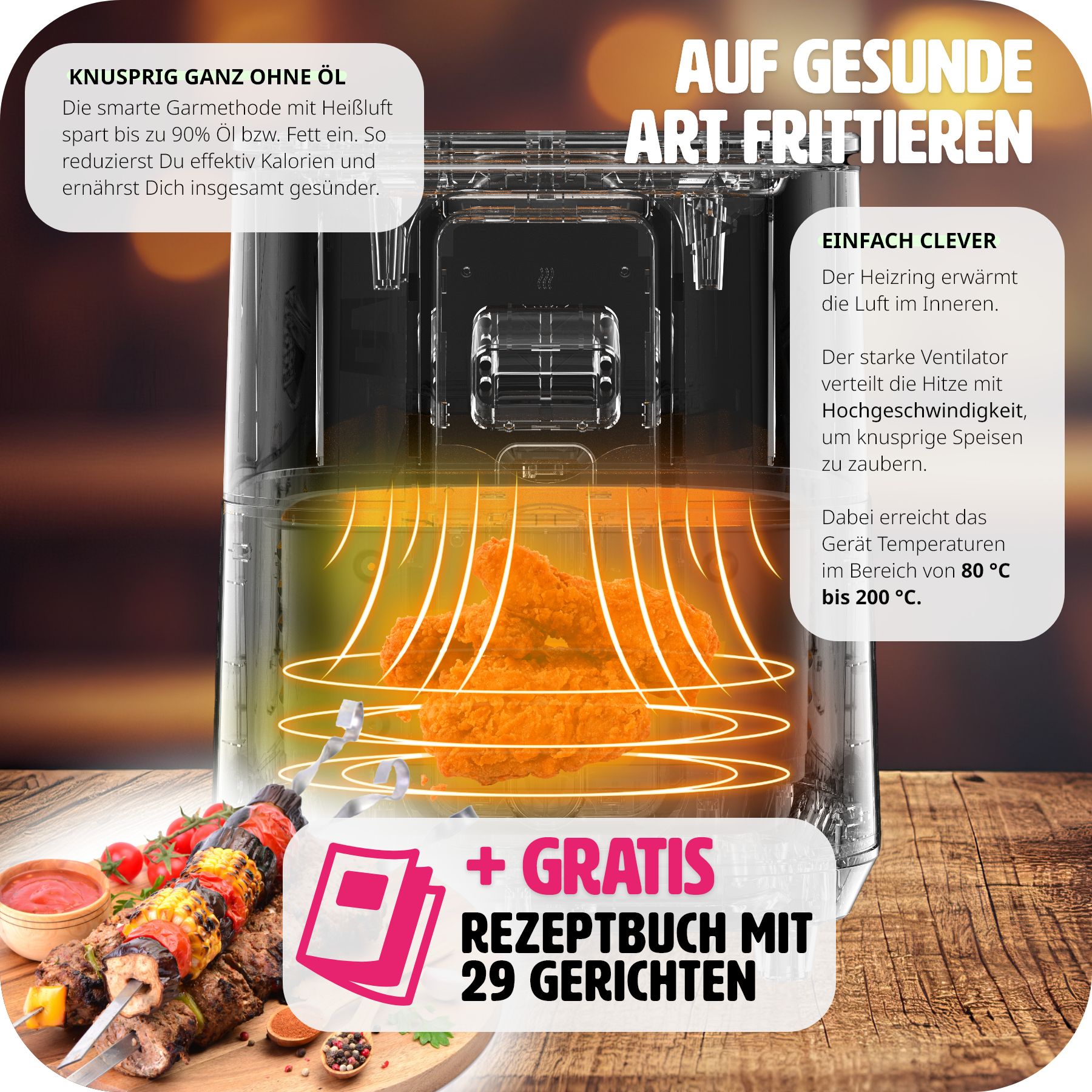 tectake® Heißluftfritteuse, 10,2 l, 1800 W, Timer und Temperatursteuerung, SGS-Zertifikat, inklusive Rezeptheft