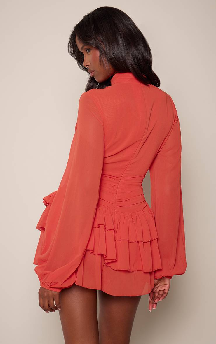 Orange Brûlé Combi-short En Mousseline À Col Montant Et Manches Longues Avec Volants