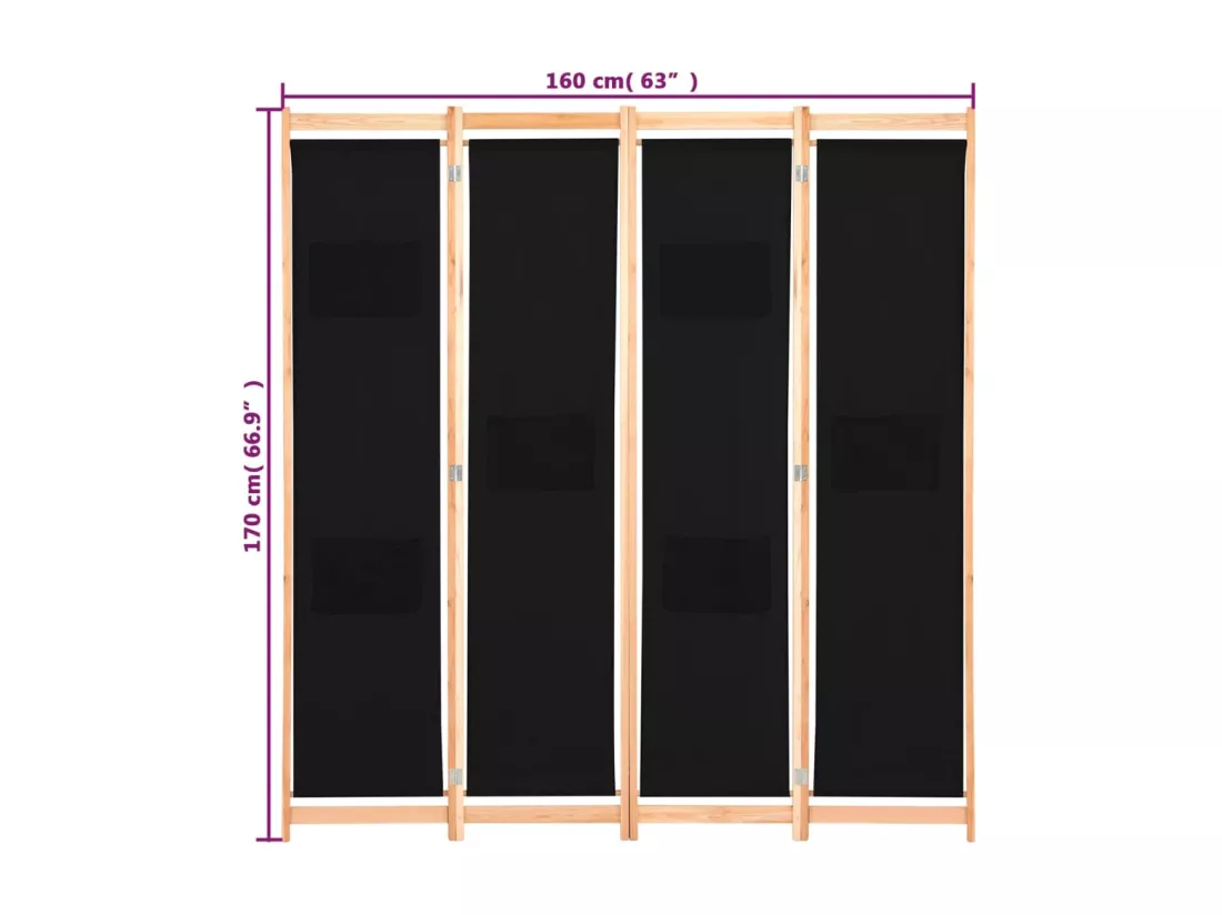 Cloison de séparation 4 panneaux Noir 160x170x4 cm Tissu