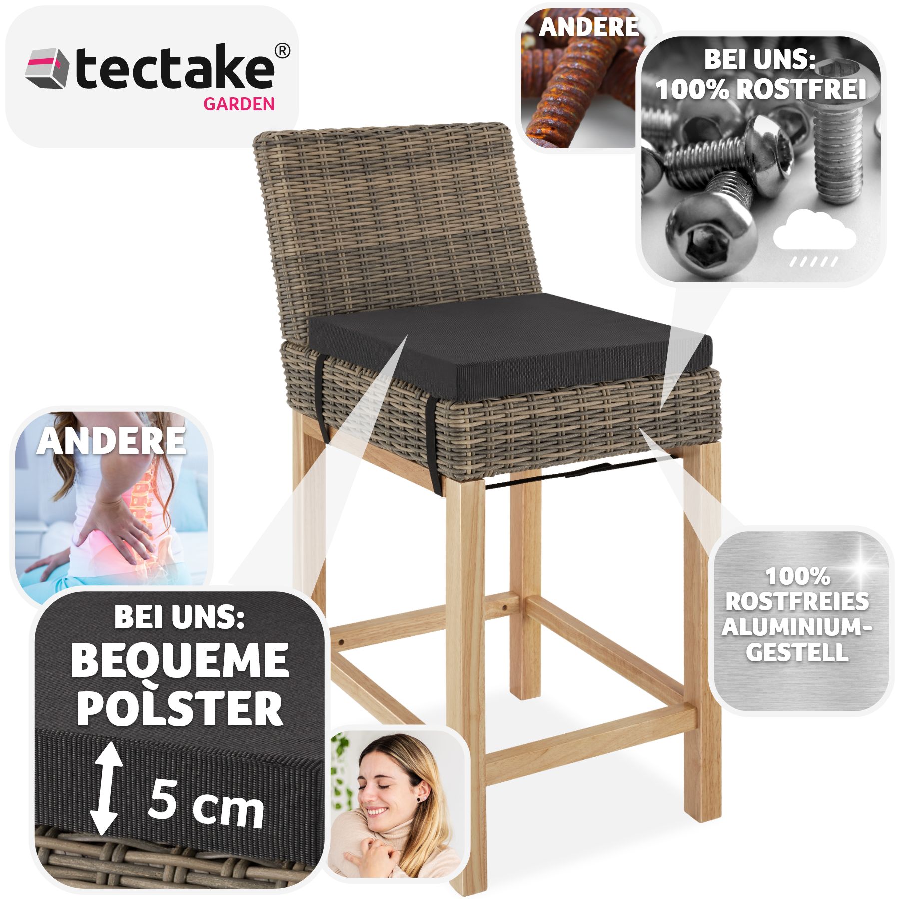 tectake® Rattan Barstuhl, mit Aluminiumgestell, natürlich nachempfundenes Geflecht, inklusive Sitzpolster, 45 x 62,5 x 99 cm