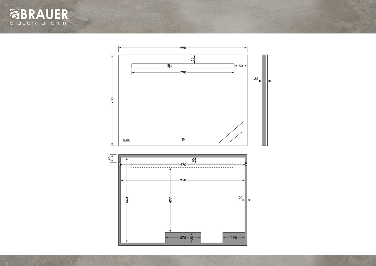 Brauer Quartz rechthoekige spiegel met verlichting 100x70cm