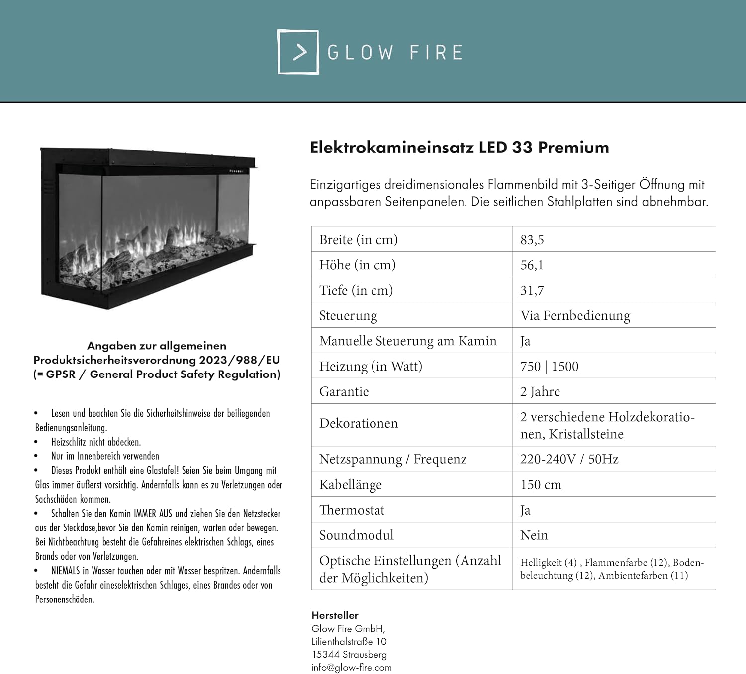 GLOW FIRE Kaminofen Portia linksoffen mit realistischem 3D E-Motion LED-Feuer - Stand-Elektrokamin mit Heizung und Kaminfeuer, Knistereffekt & Timer, max. 1500 W, 140x90x45, Weiß