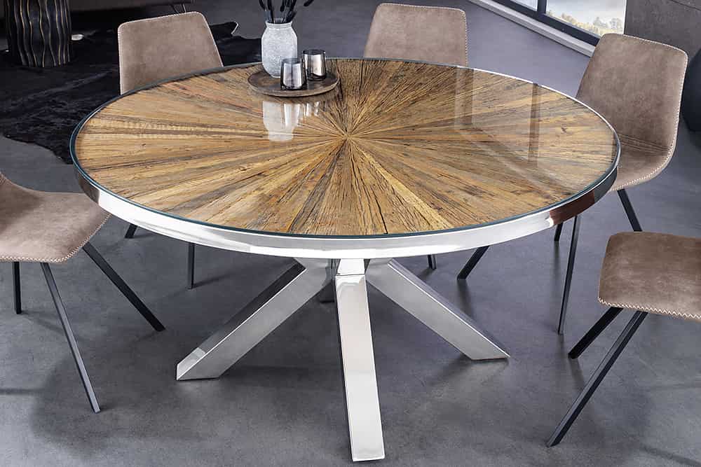 Runder Esstisch BARRACUDA 120cm braun Teak Massivholz Glasplatte silber Edelstahl verchromt
