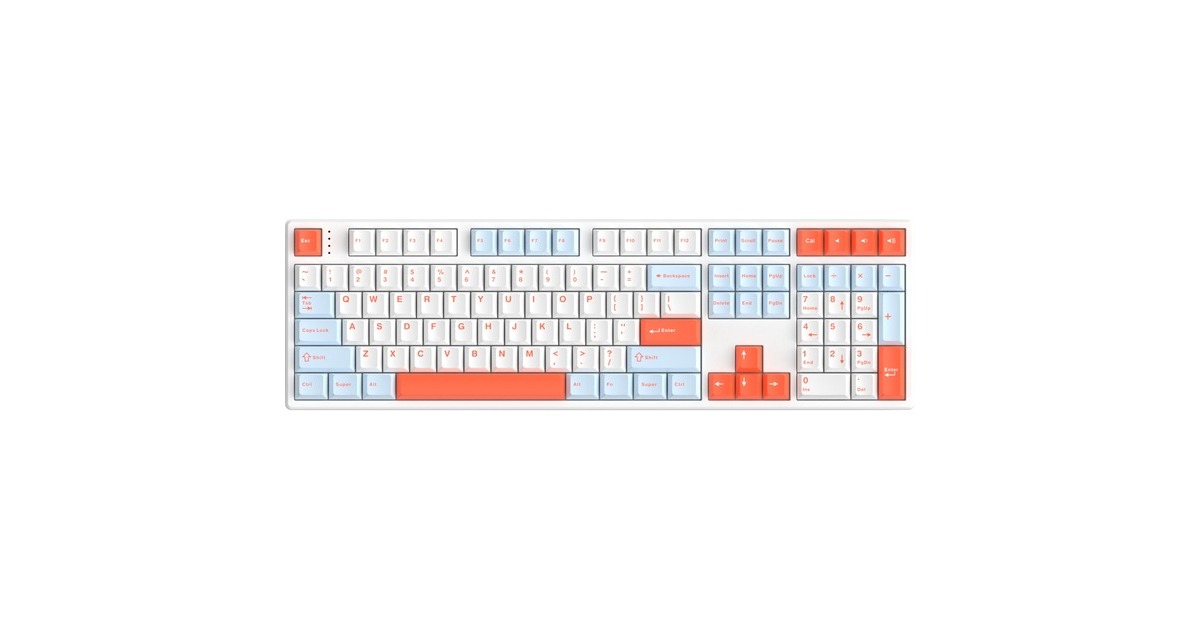 HelloGanssHS108T White Feather, toetsenbord  (Wit/lichtblauw, US lay-out, Gateron Yellow, RGB leds, PBT Doubleshot keycaps, hot swap, 2,4 GHz / Bluetooth / USB-C)