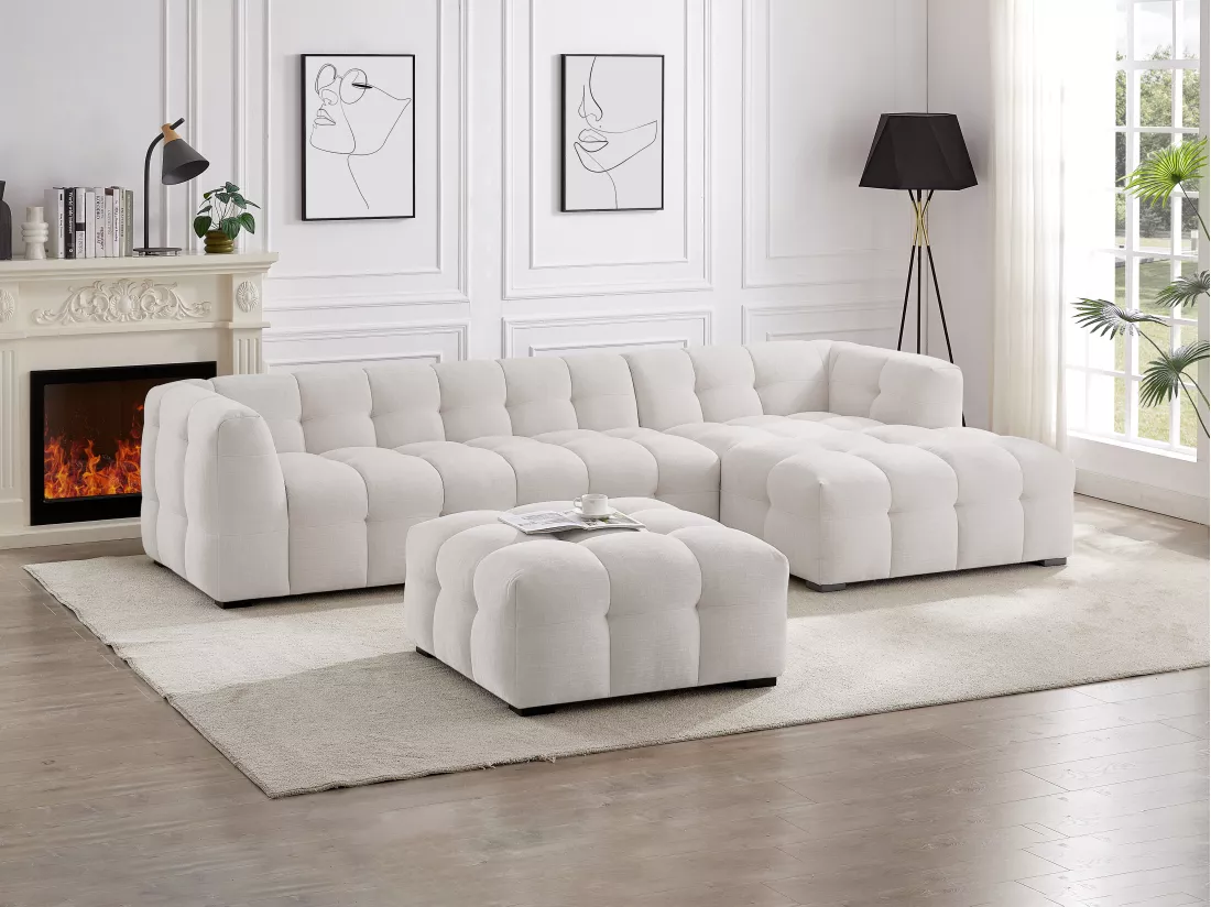 Canapé d'angle droit et pouf en tissu chiné beige DILOME de Pascal Morabito