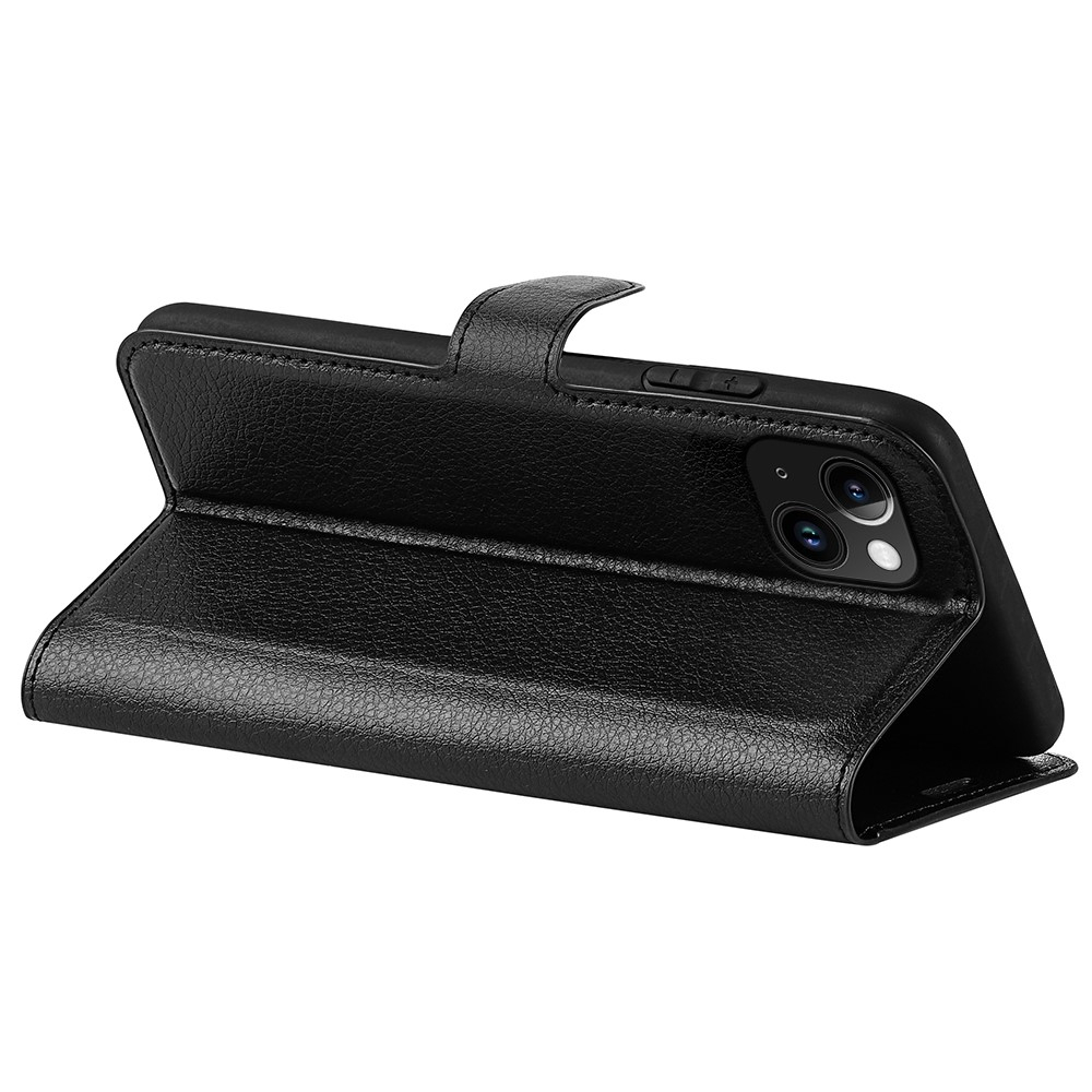 iPhone 15 Leder Tasche Flip Cover Litchi Look - Schwarz