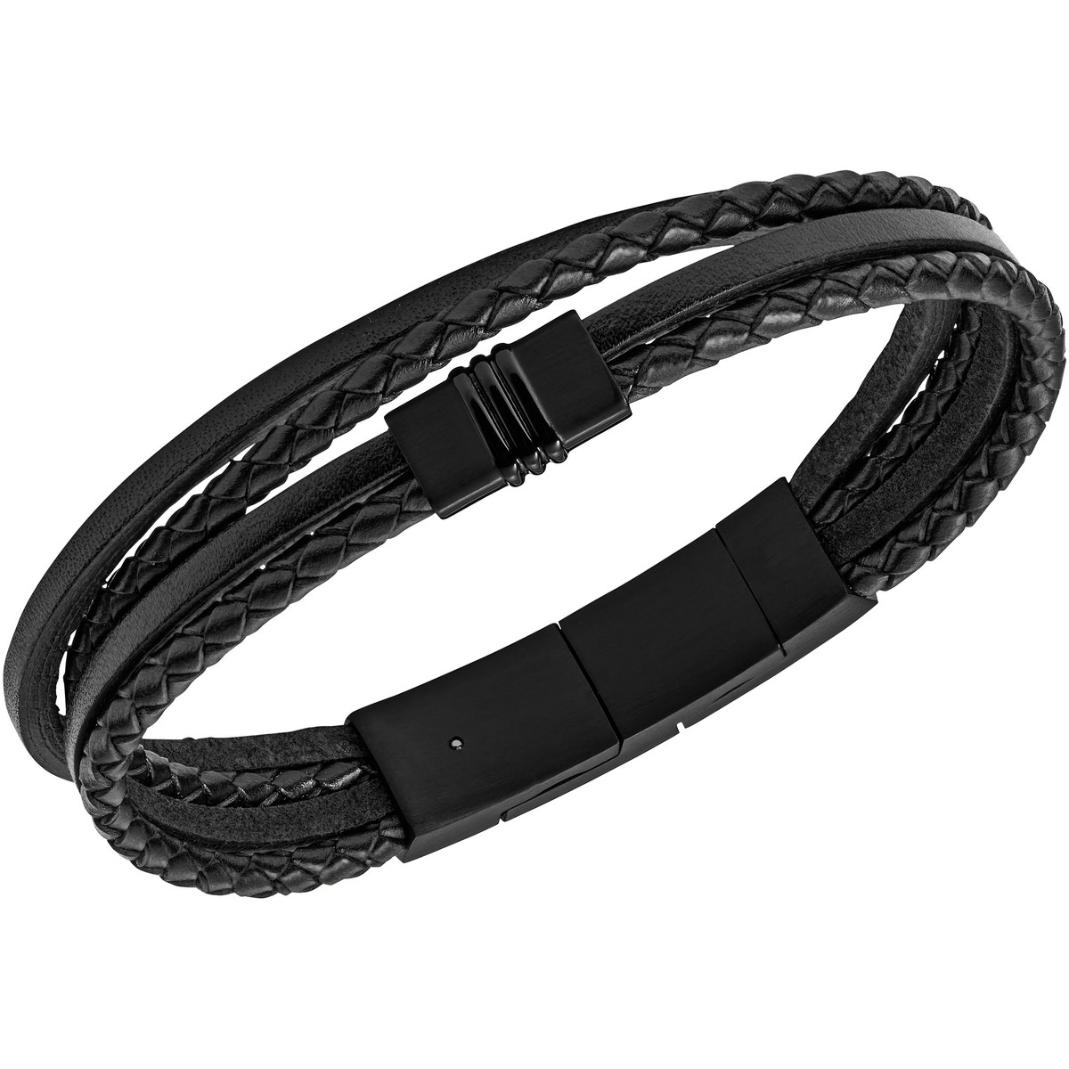 Bracelet FOSSIL acier cuir noir tressé 19 cm