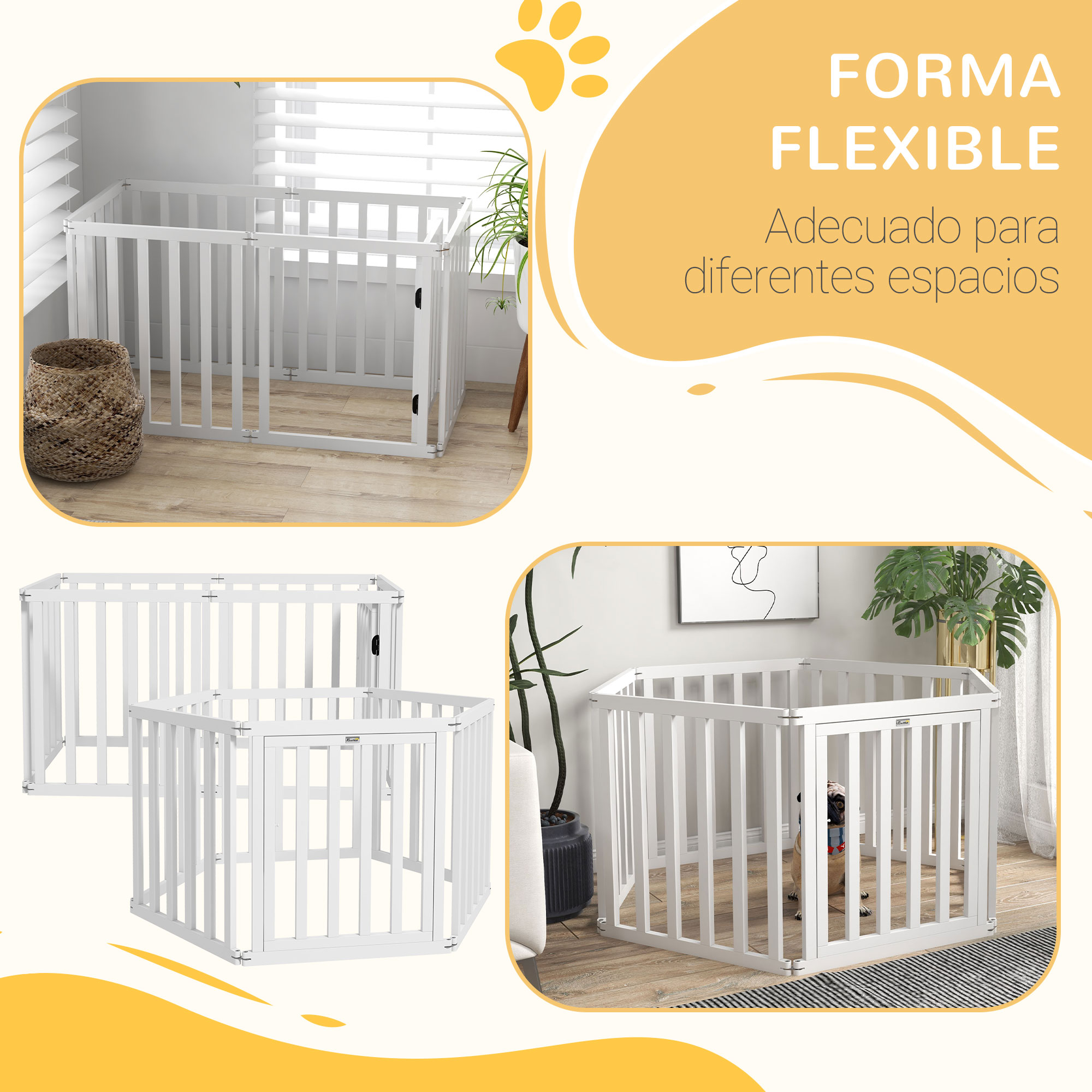 Cercado para cães PawHut com 6 painéis, 60x70 cm, dobrável, em pinho, com portão, pés de borracha antiderrapantes e formato personalizável para corredores e escadas, branco.