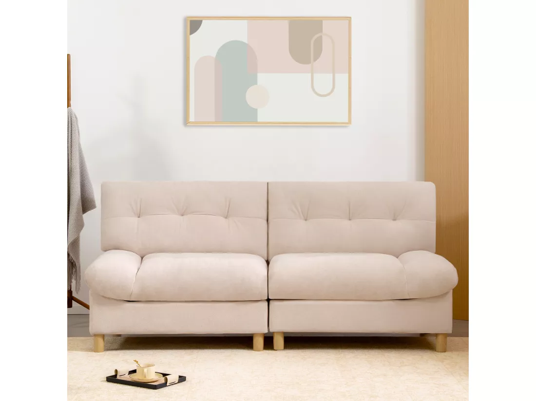 URBAN MEUBLE Canapé velours teddy beige 2 places pieds bois