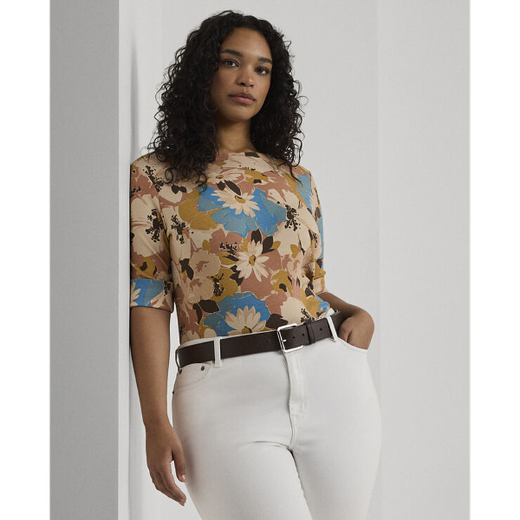 Lauren Ralph Lauren RFND STRTCH 1X1 RIB-ELB SLV BT NK T Cream multi