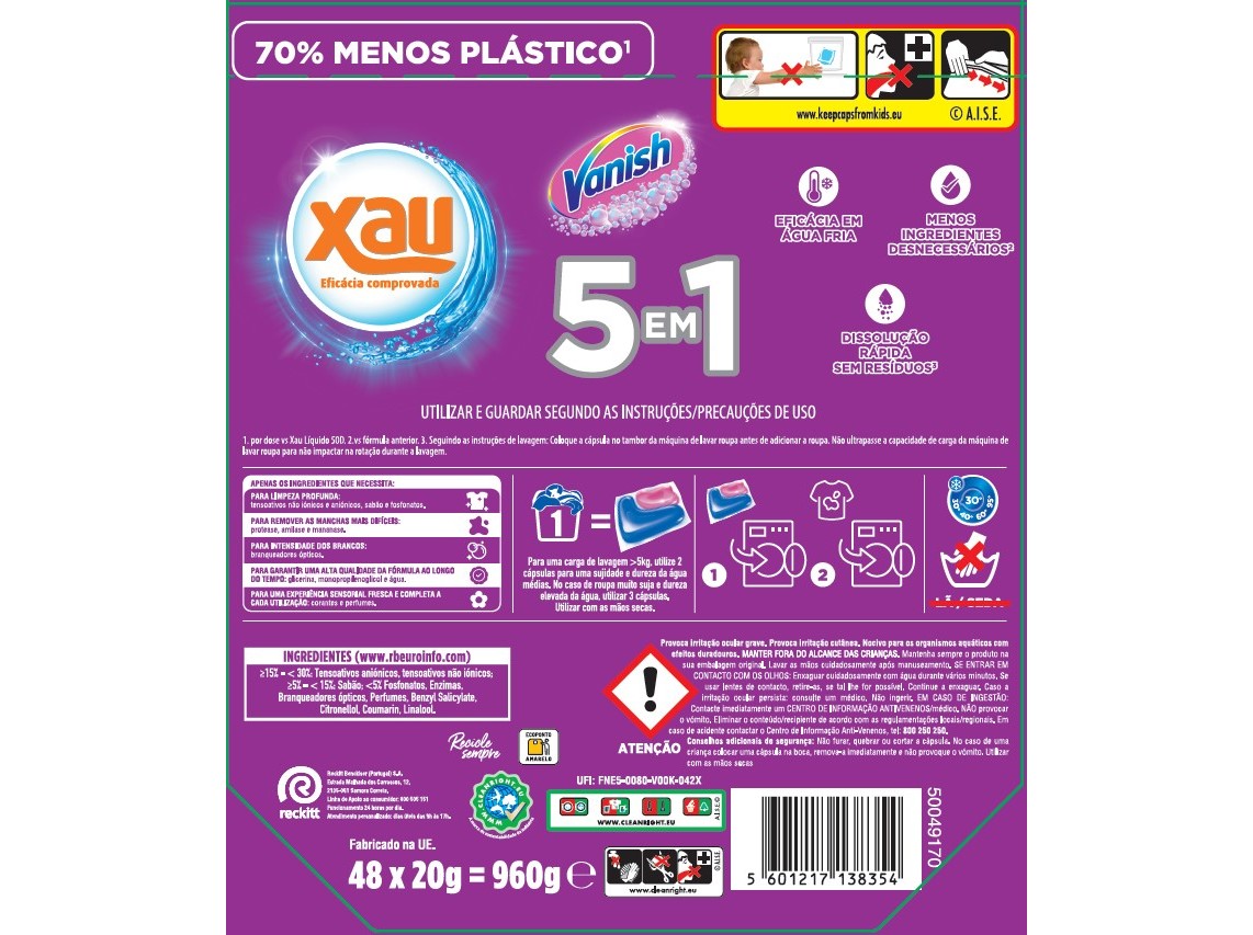 DETERGENTE ROUPA CÁPSULAS XAU   VANISH 48 UN