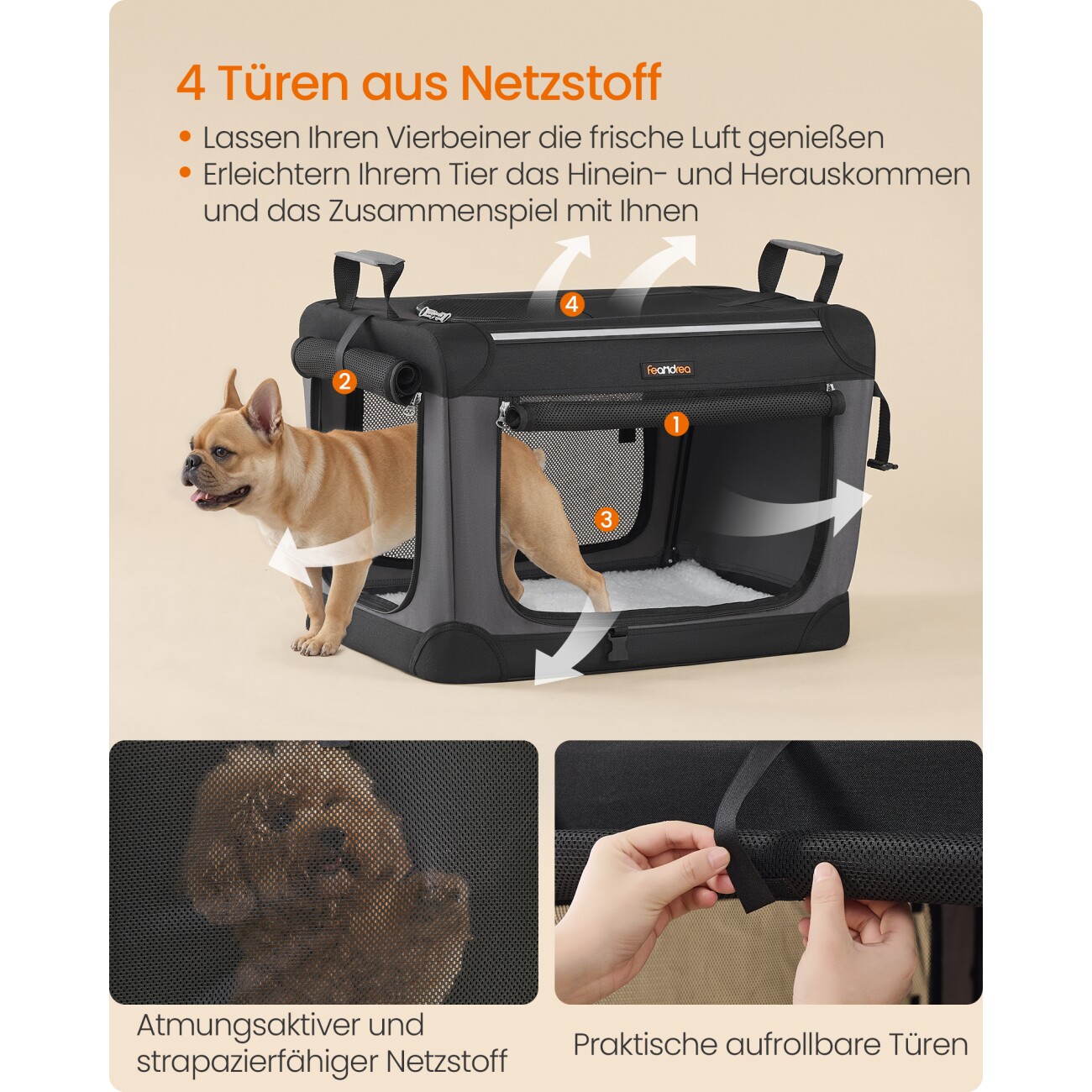 FEANDREA Hundebox faltbar, Hundetasche, Oxford-Gewebe S/M 60 cm, 42 cm, 42 cm