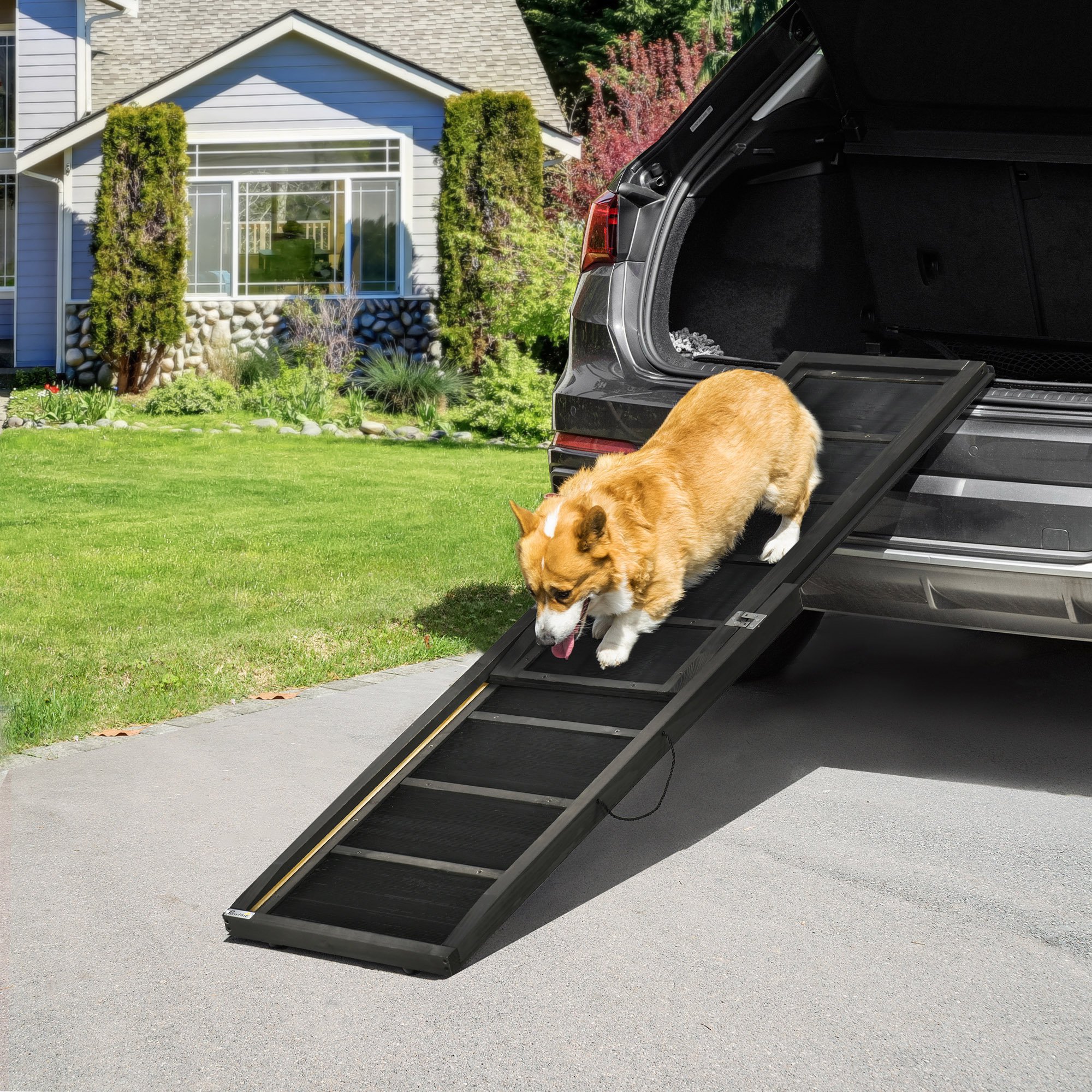 Rampa de madeira para cães PawHut, 165x43x6,5 cm, dobrável, com tapete antiderrapante, escada portátil para carro, capacidade de carga de 40 kg, preta.