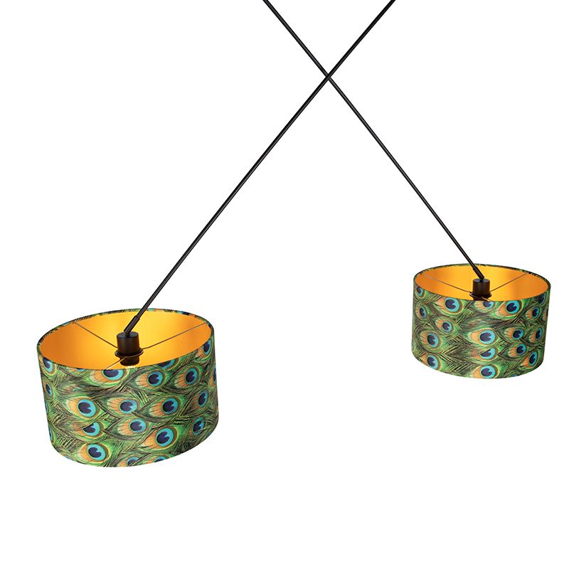 Hanglamp zwart met velours kappen pauw met goud 35 cm 2-lichts - Blitz