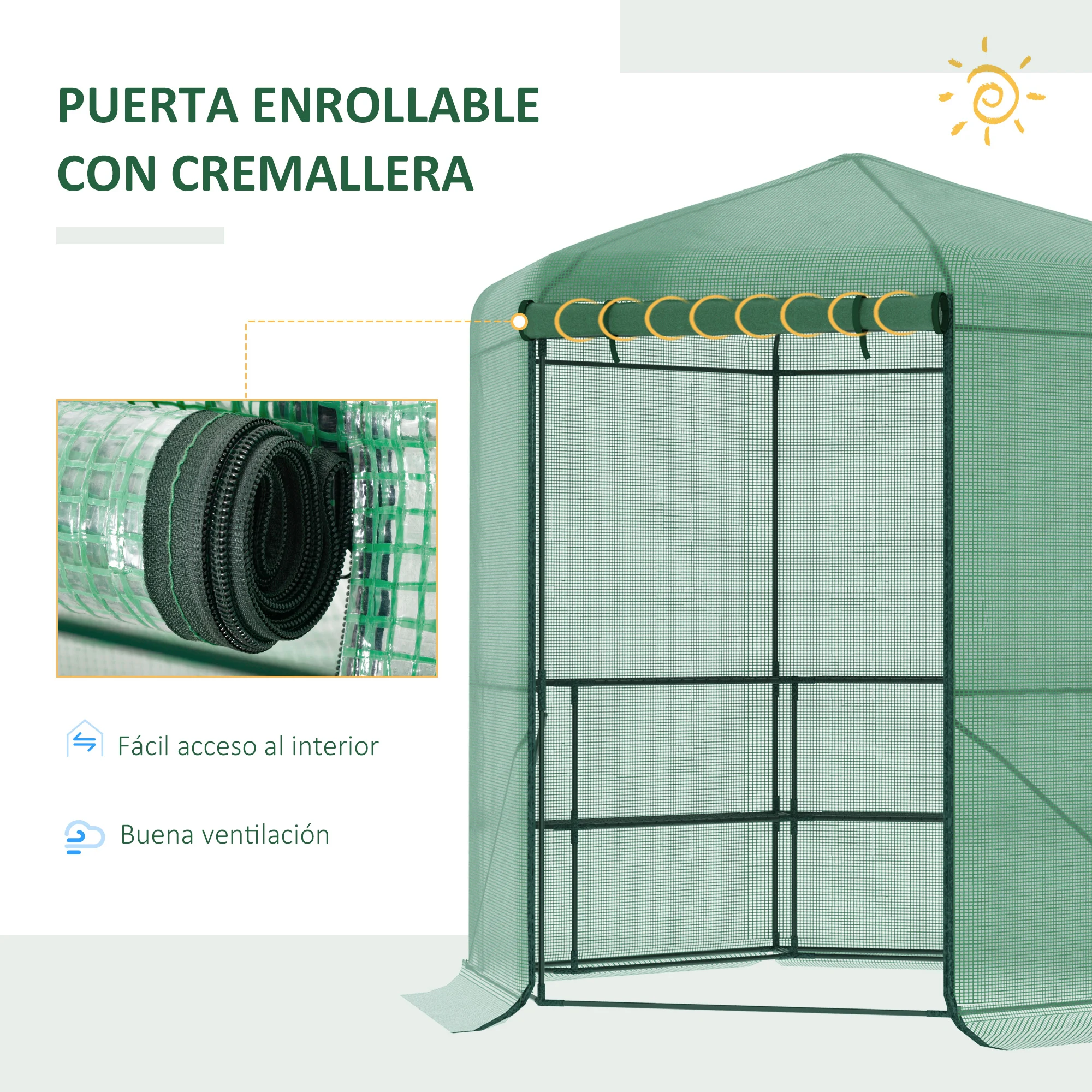 Estufa de jardim hexagonal Outsunny 194x194x215 cm com 6 prateleiras, porta de enrolar e estrutura de aço galvanizado para cultivo de plantas, vasos e flores (verde)