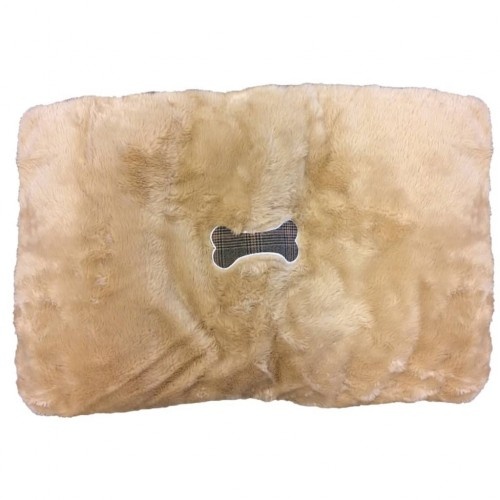 Colchão bege para cães com bordado de ossinhos.