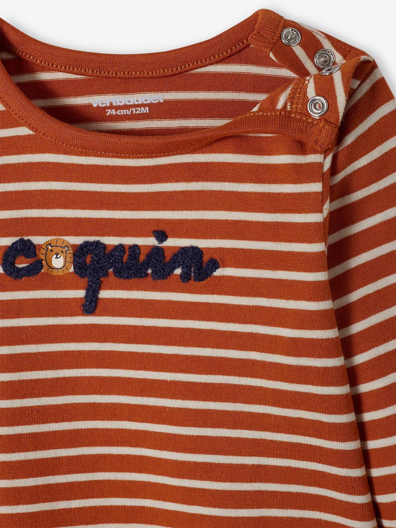 Camiseta listrada bordada, tamanho médio, para bebê.