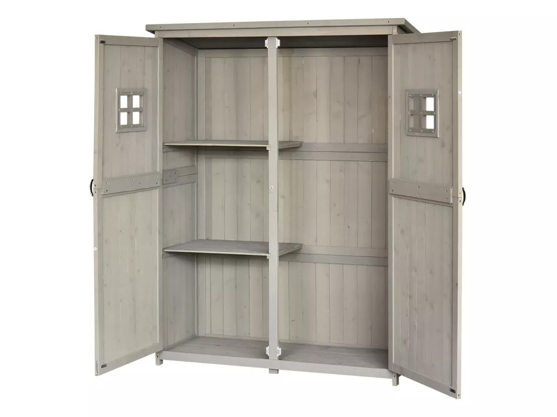 Abri de jardin armoire de jardin remise pour outils sur pied dim. 128L x 50l x 164H cm 2 étagères 2 portes 2 fenêtres toit bitumé étanche bois massif sapin pré-huilé gris