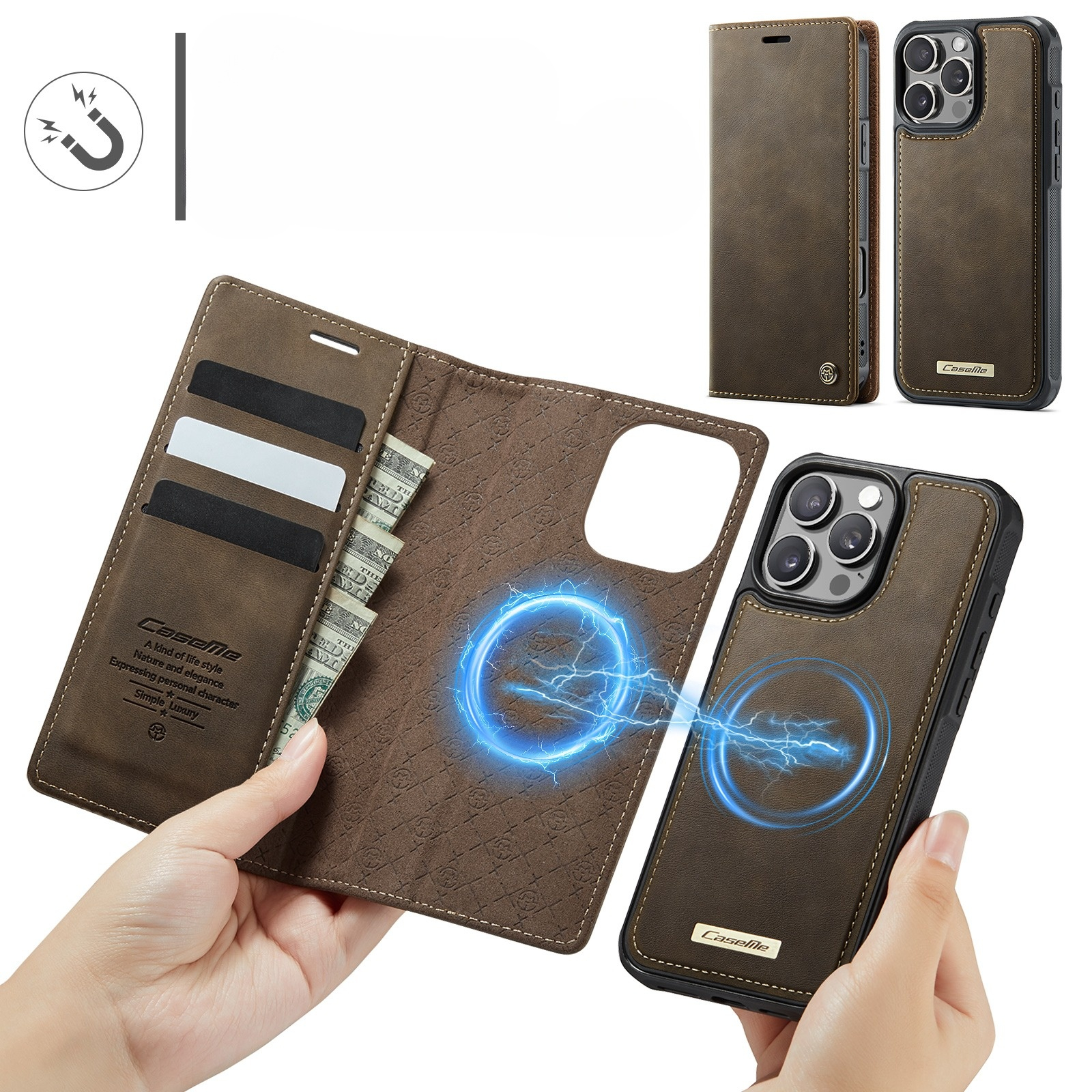 iPhone 15 Pro Max 2in1 MagSafe Leder Tasche   Magnet Hardcase Karten Etui (RFID Schutz) - Braun