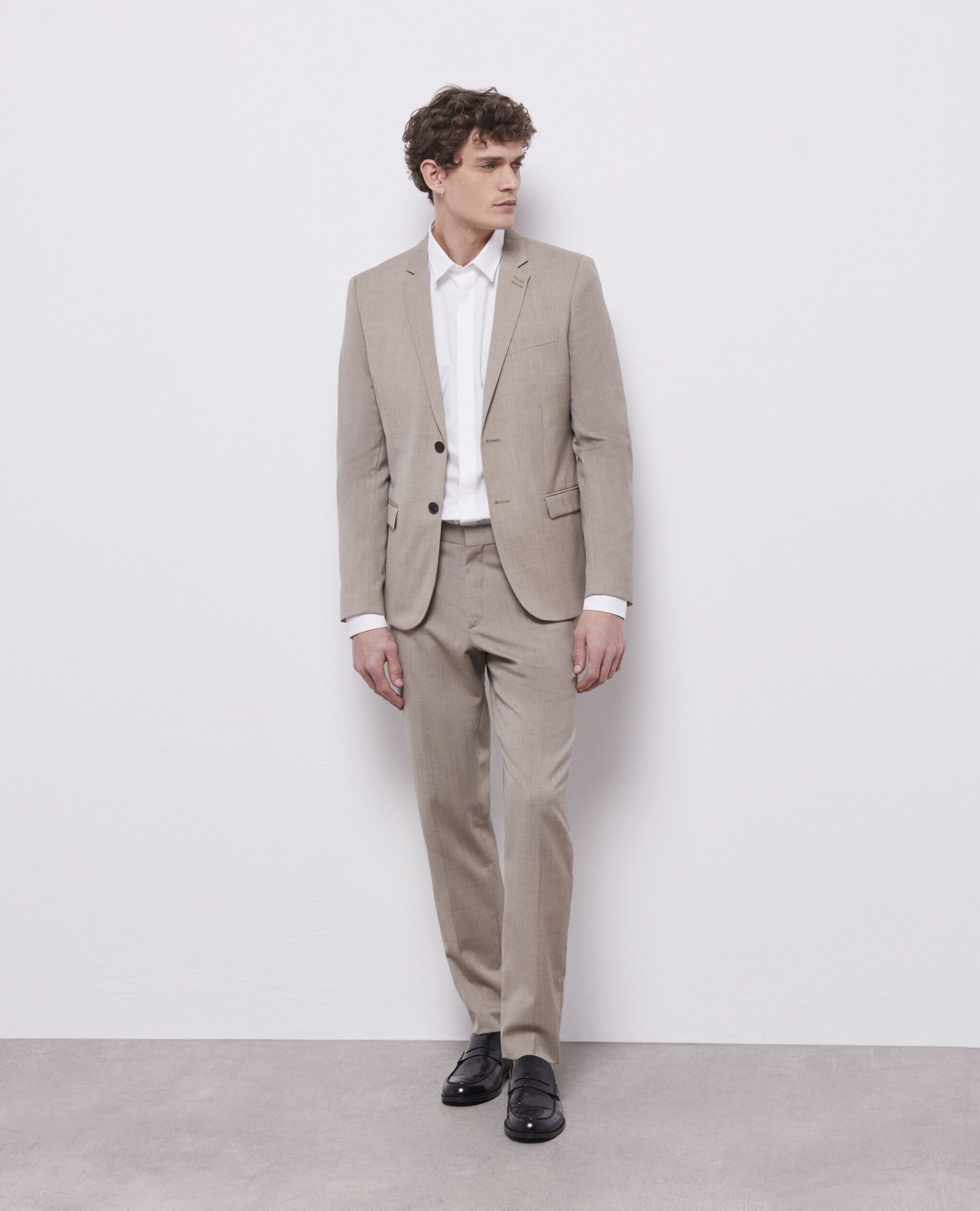 Pantalon de costume beige en laine fil à fil