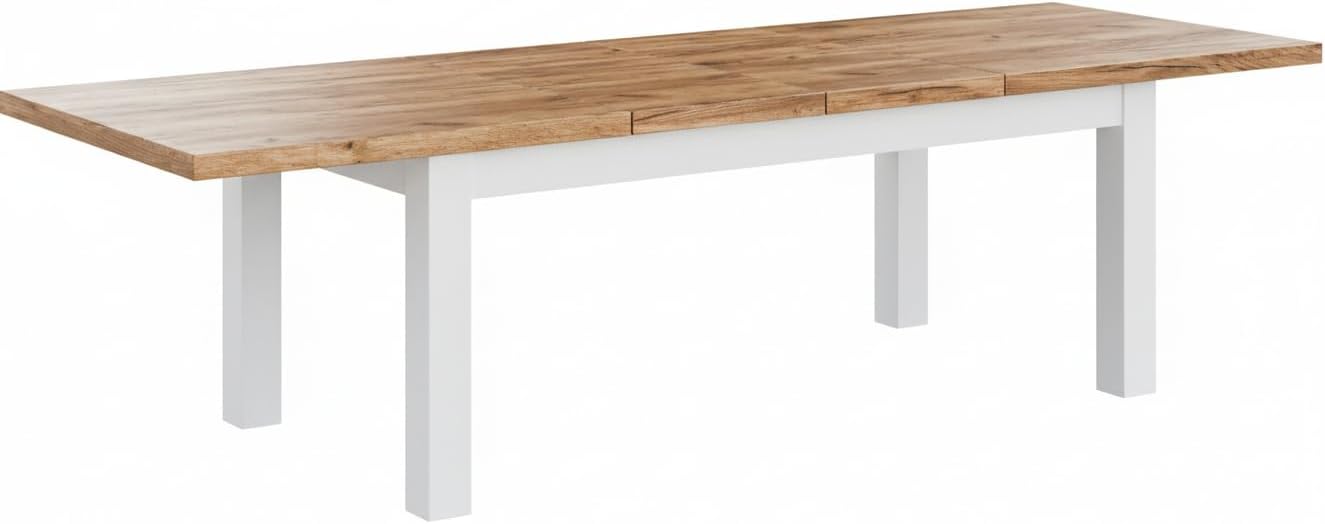 Ausziehbarer Esstisch Leonardo 100–300 cm | großer Tisch für 10–12 Personen | Tischplatte Eiche Craft | Beine aus massivem Buchenholz – weiß lackiert | modern skandinavisch | für Küche & Esszimmer