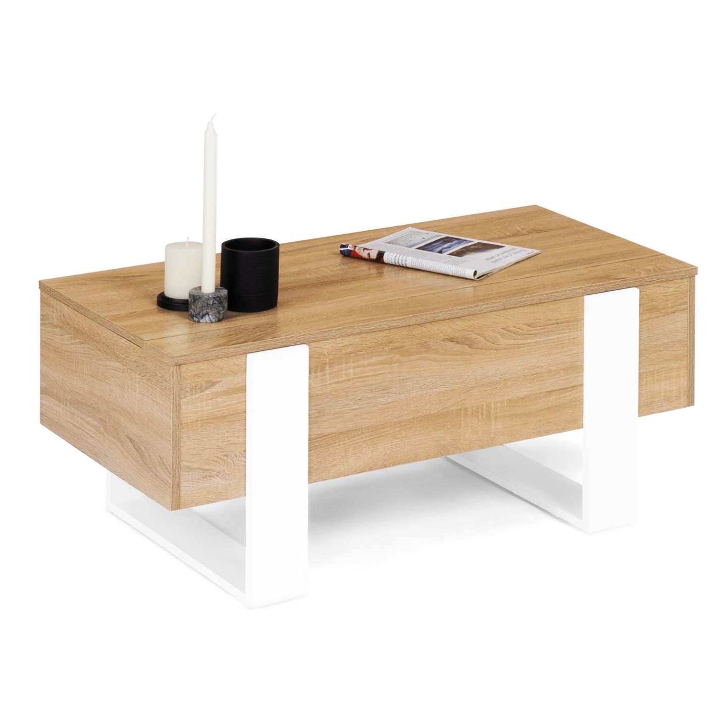 Table basse plateau relevable rectangulaire PHOENIX bois et blanc